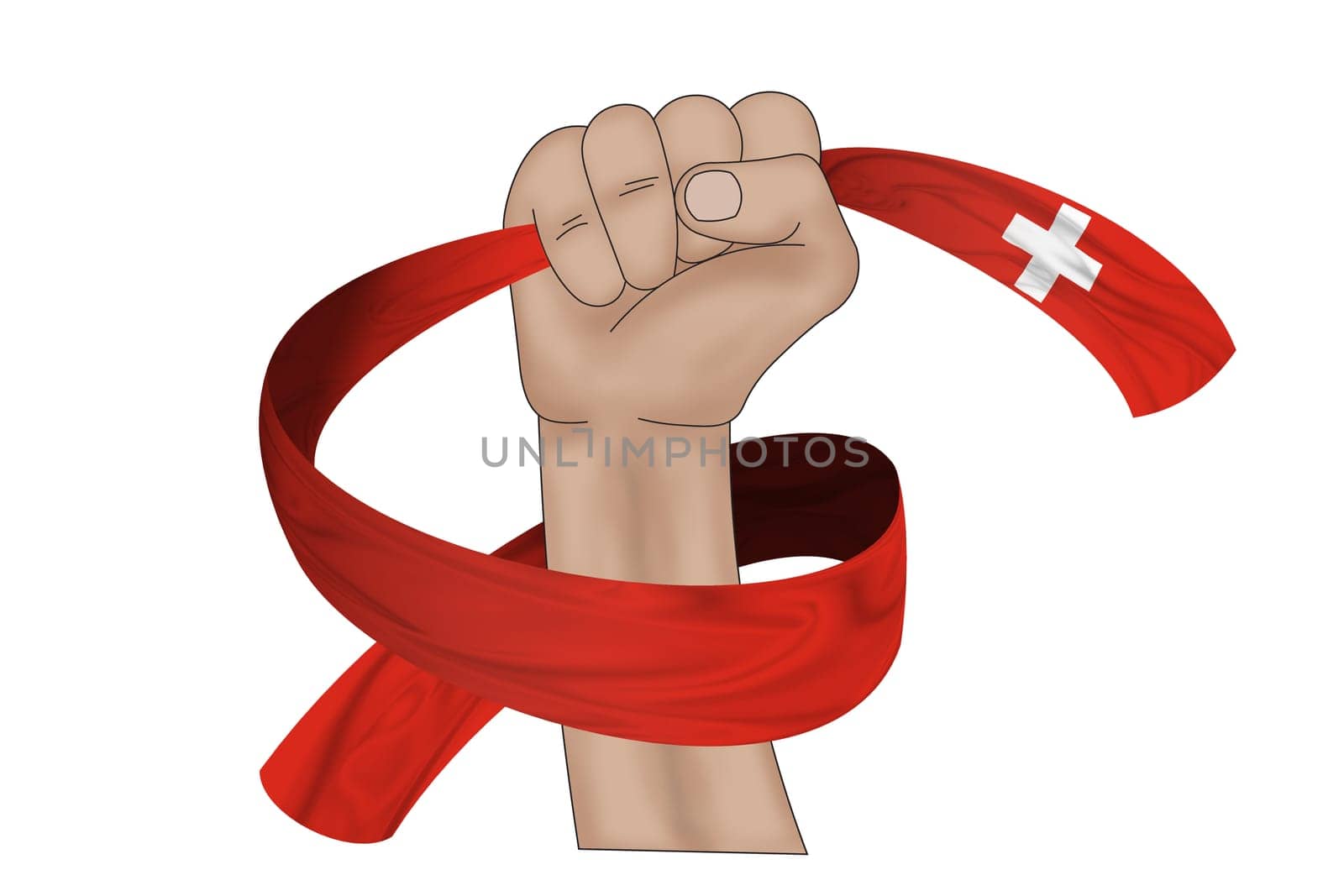 3D illustration. Hand holding flag of Switzerland on a fabric ribbon background.