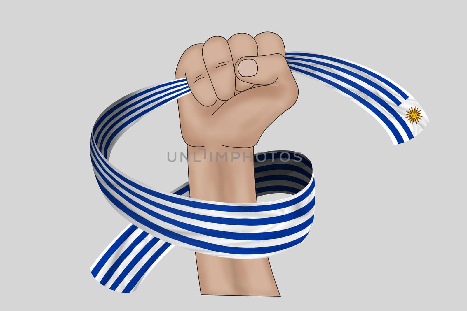 3D illustration. Hand holding flag of Uruguay on a fabric ribbon background.