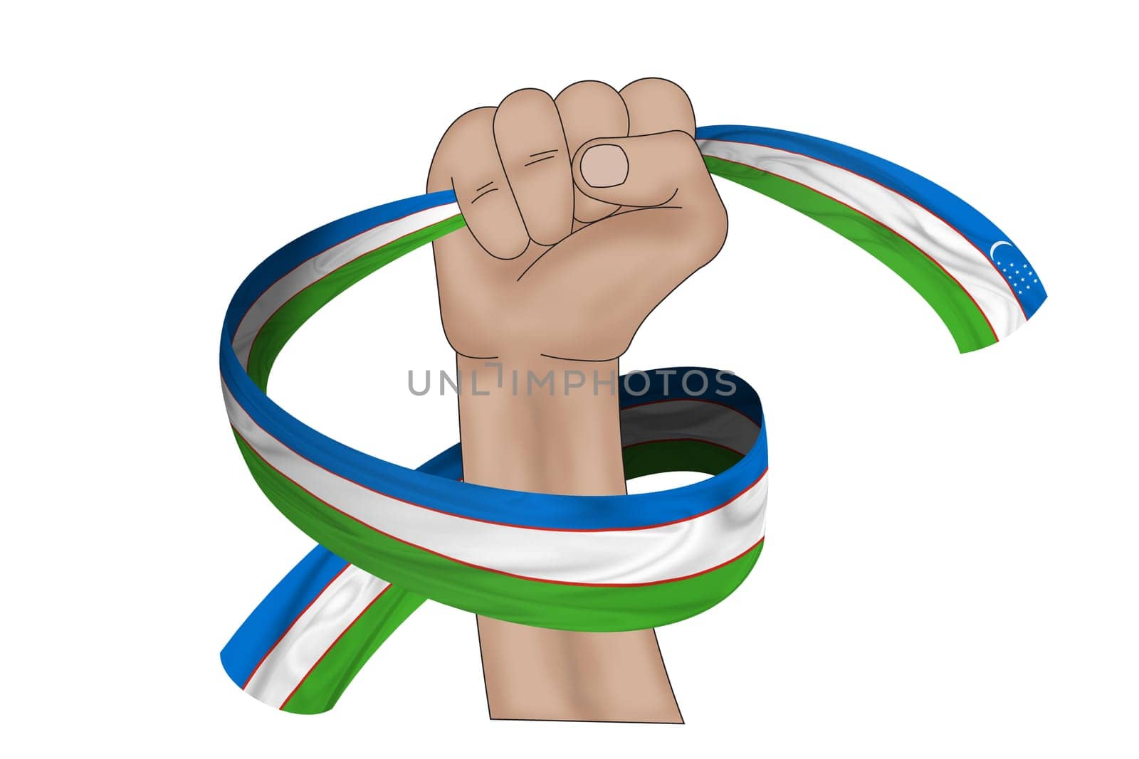 3D illustration. Hand holding flag of Uzbekistan on a fabric ribbon background.