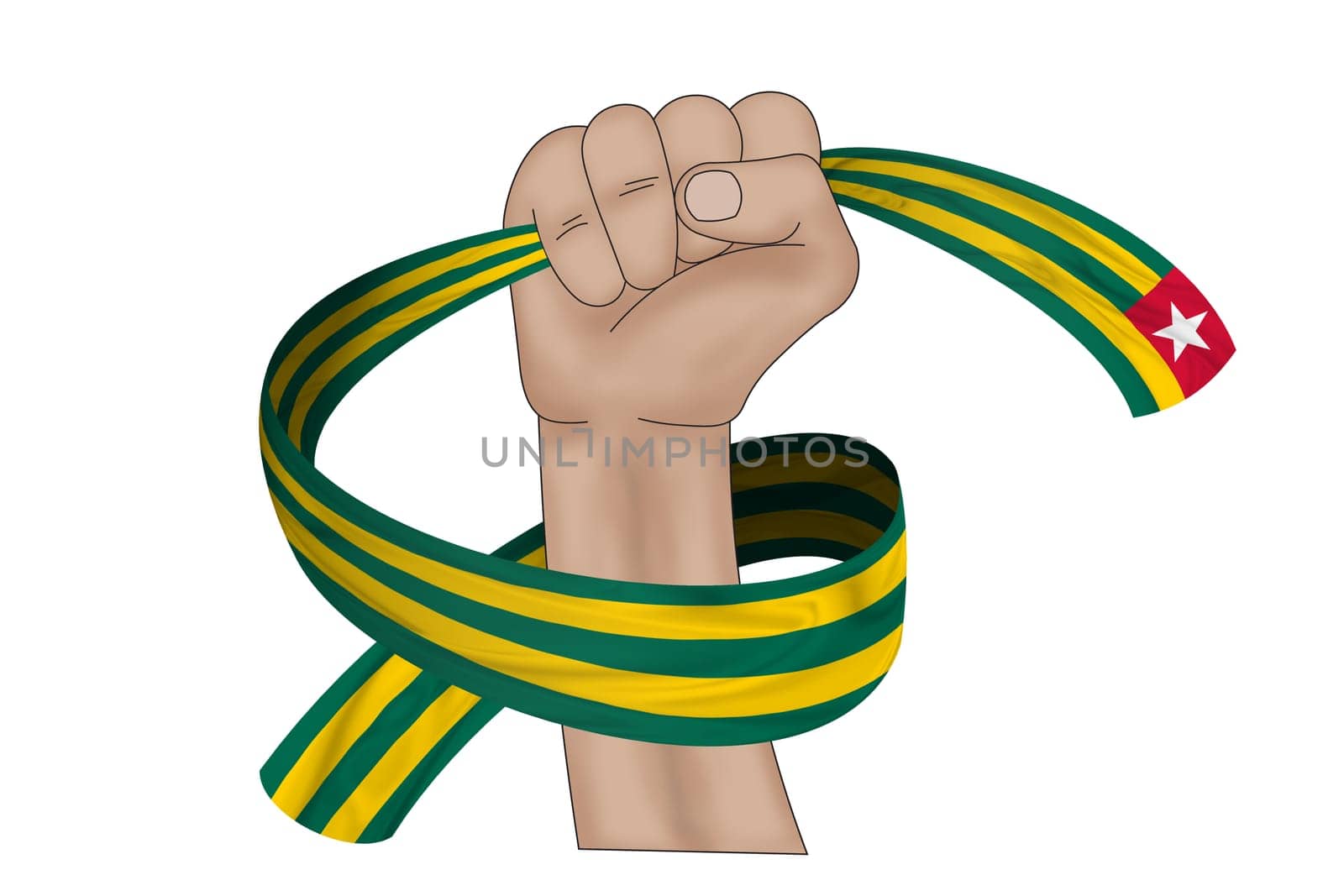 3D illustration. Hand holding flag of Togo on a fabric ribbon background.