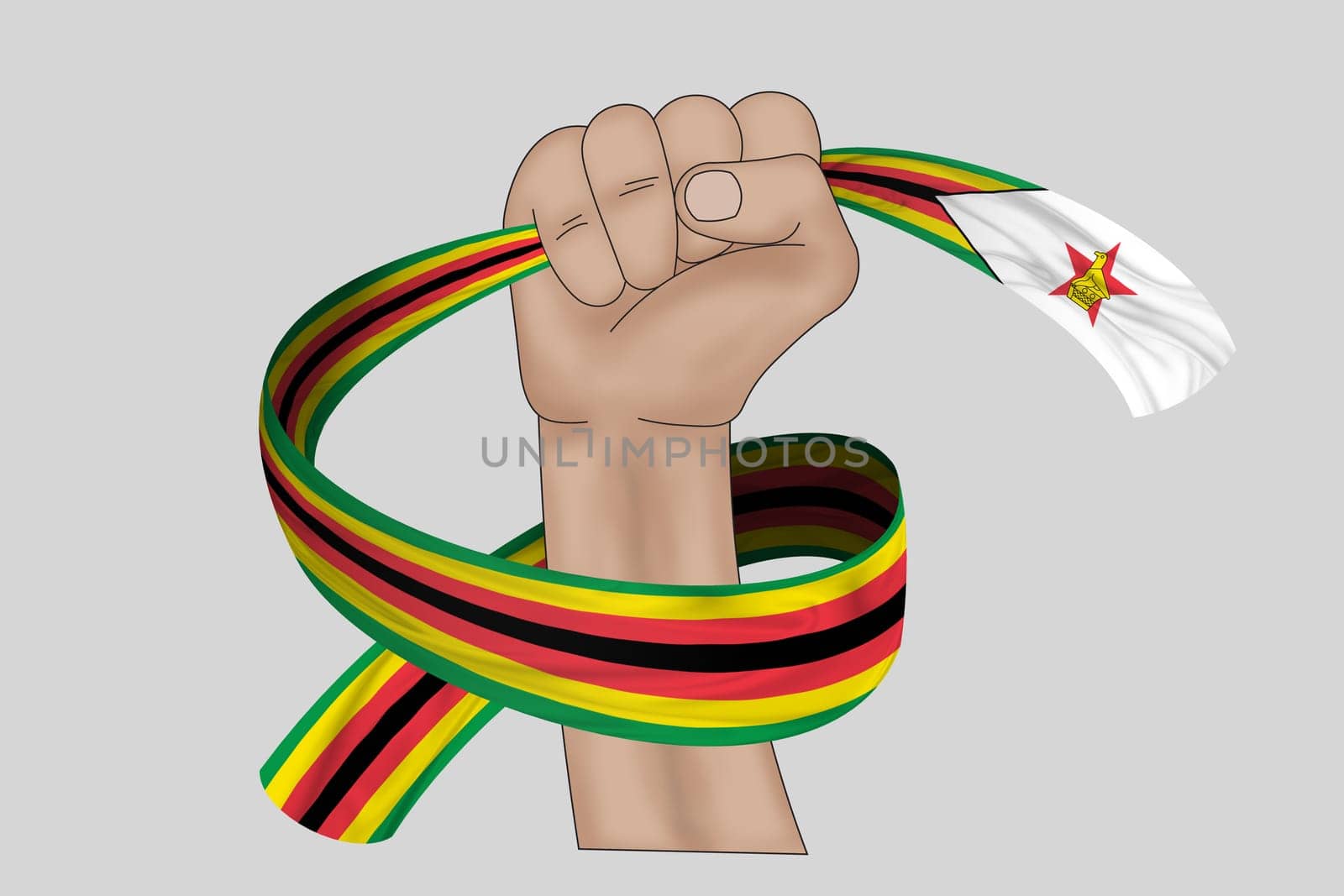 3D illustration. Hand holding flag of Zimbabwe on a fabric ribbon background.