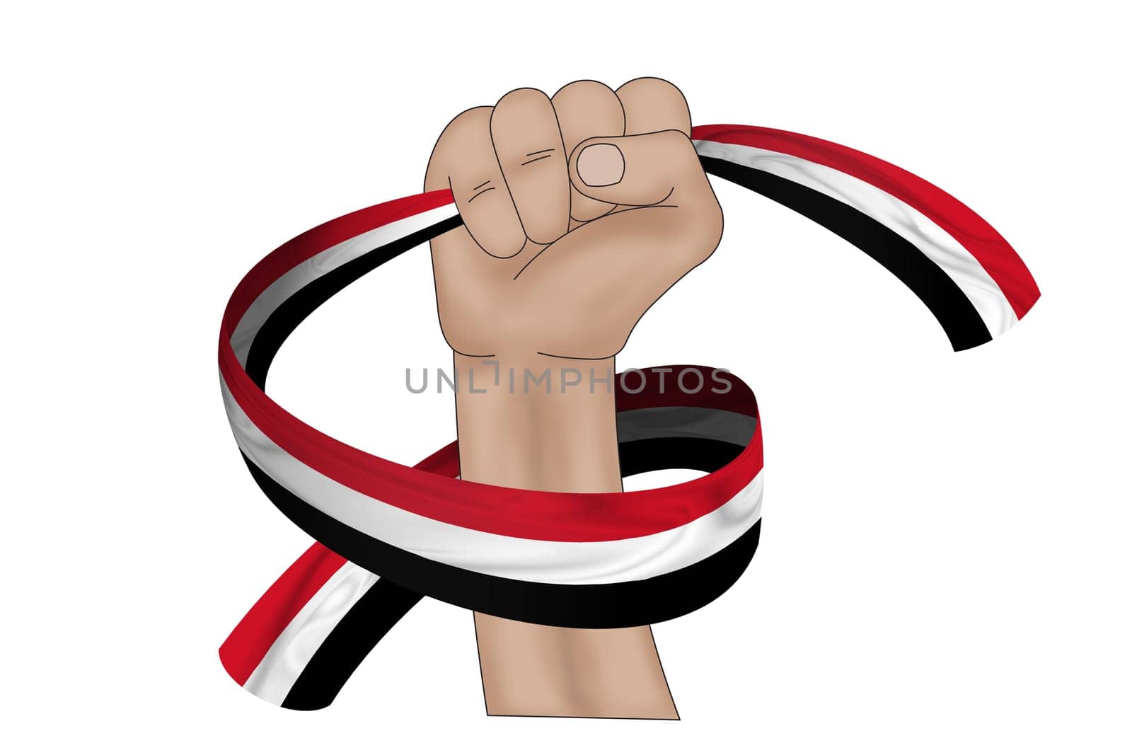 3D illustration. Hand holding flag of Yemen on a fabric ribbon background.