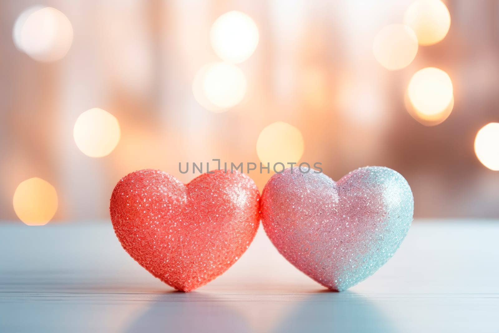 Two glitter pastel color hearts. Abstract Valentines Card With Hearts On Shiny Background. AI generated