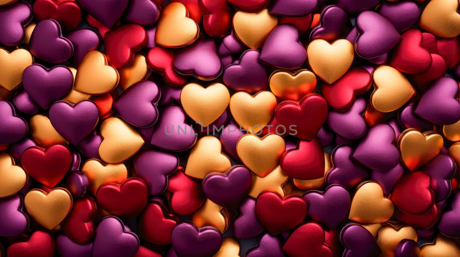 Many red, purple and golden hearts. Hearts background. Valentine greeting card. AI generated