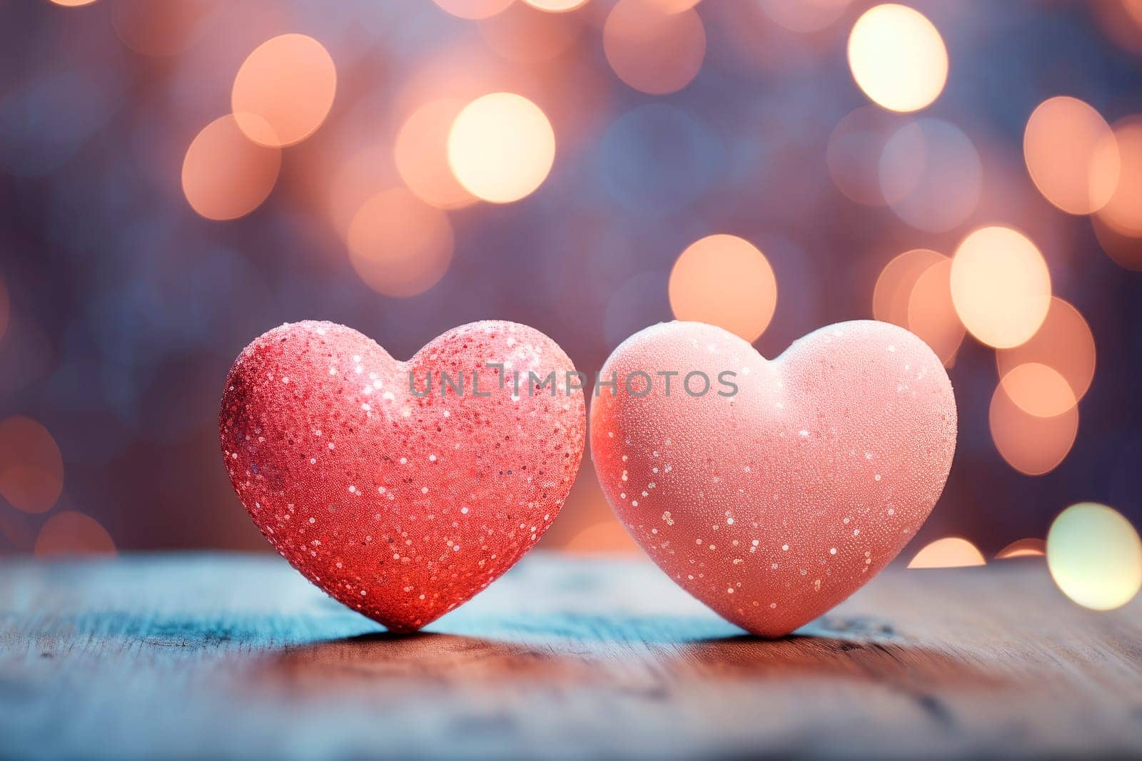 Two glitter red Hearts. Shiny pastel color hearts. Abstract Valentines Card With Red Hearts On Shiny Background. AI generated