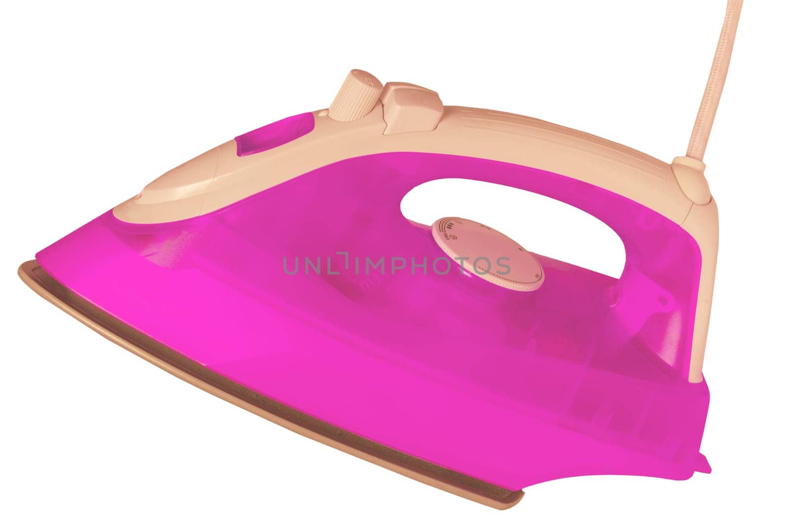 Closeup of a modern pink or violet electric steam iron for ironing household laundry. Clipping path. Macro photograph.