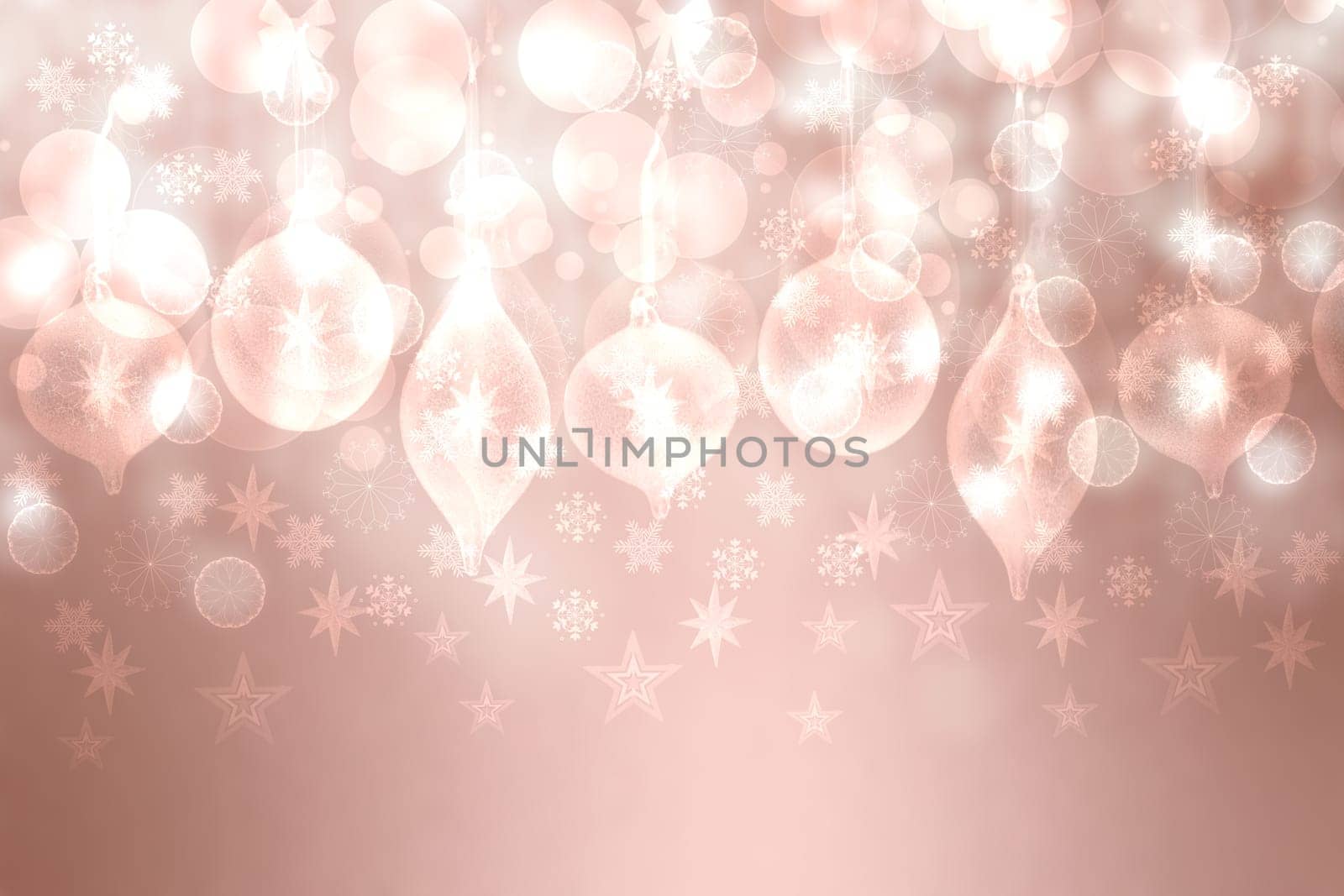 Winter background. A festive abstract Happy New Year or Christmas background texture with golden brown white blurred bokeh lights and stars. Space for design. Card concept or advertising.
