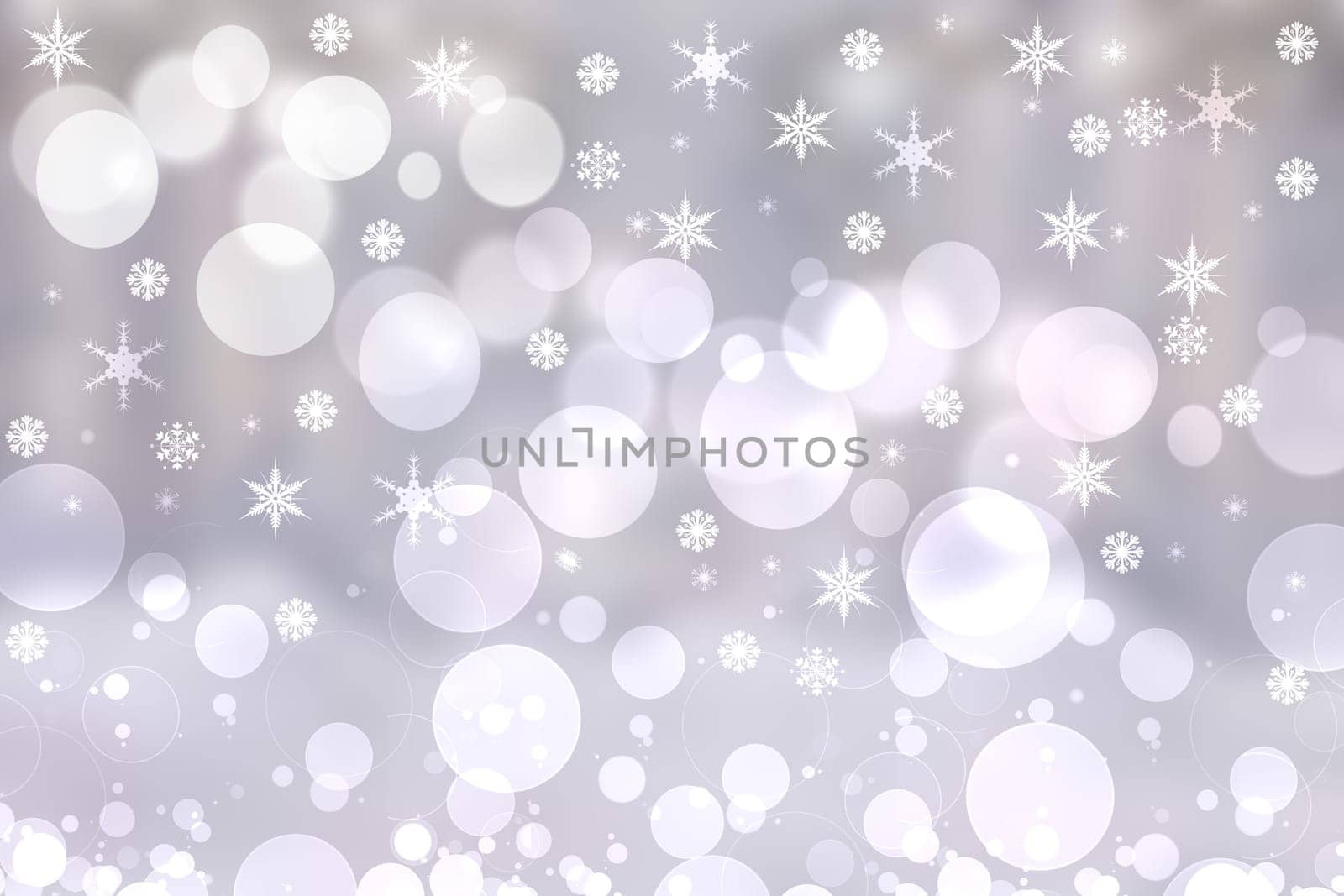 Abstract festive gradient light gray silver bokeh background texture with white bokeh lights and stars. Beautiful backdrop with space for christmas, invitation or other holidays.