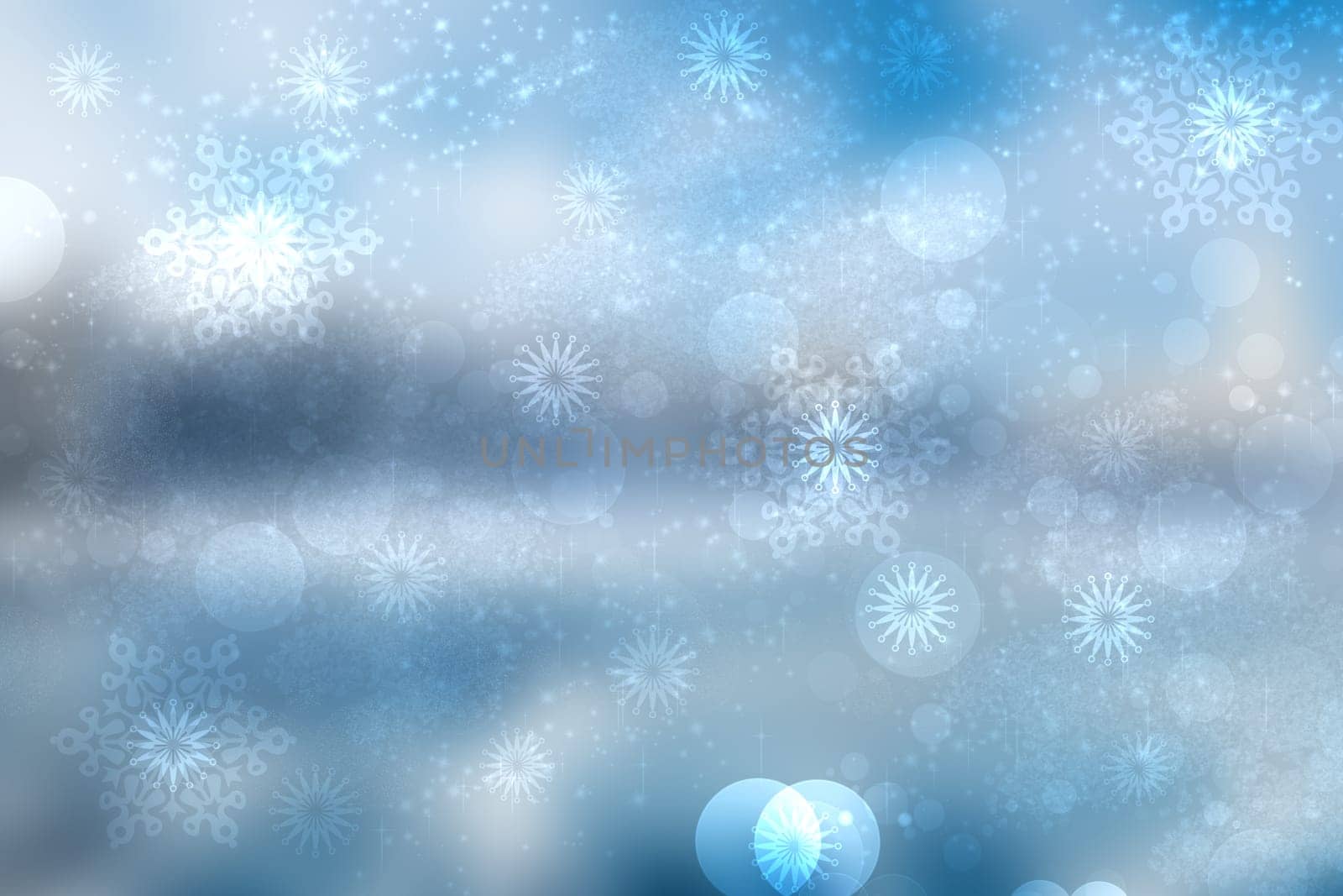 Abstract blurred festive light blue winter christmas or Happy New Year background with shiny blue and white bokeh lighted snowflakes and stars. Space for your design. Card concept.