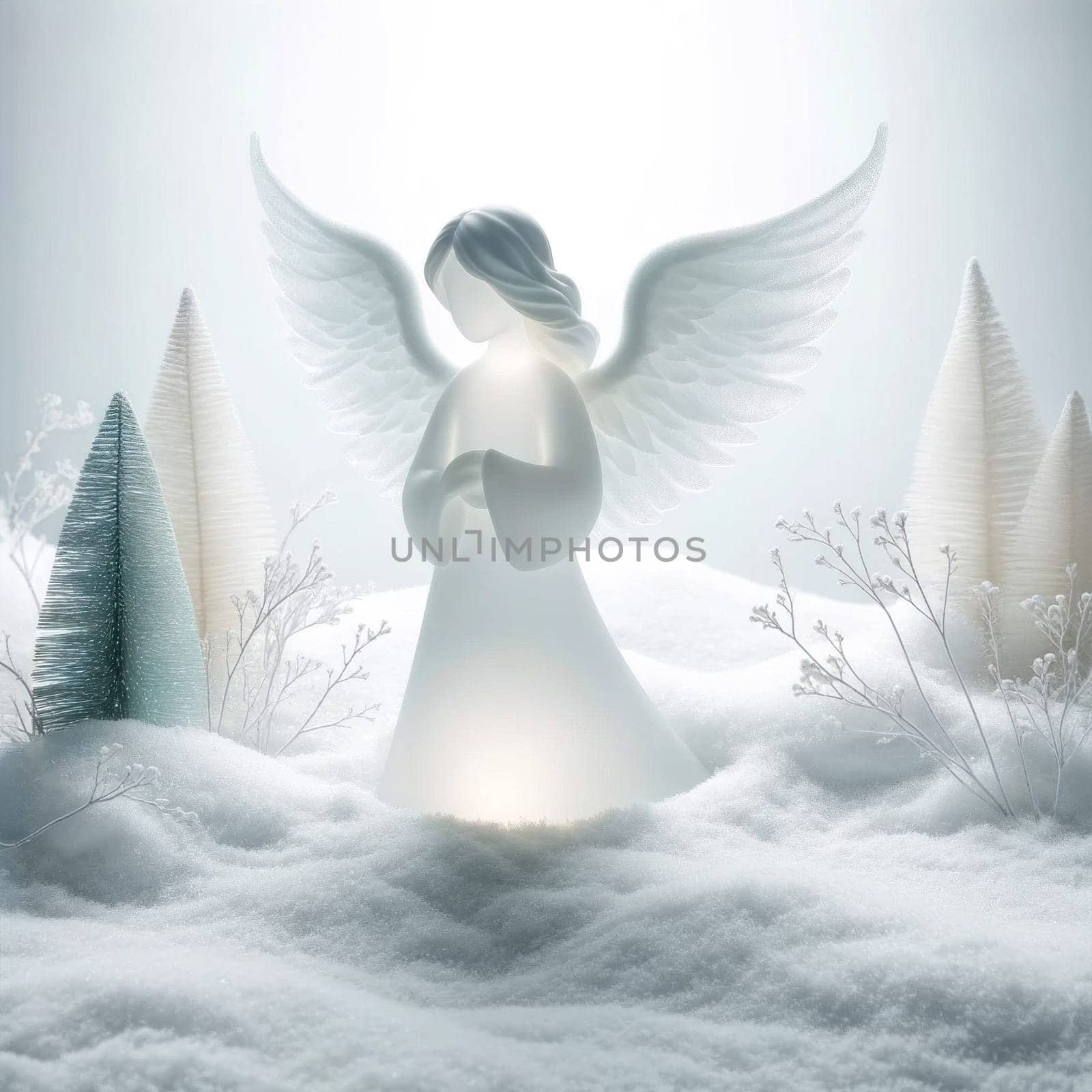 Ethereal angel in snowy serenity. Created using AI Generated technology and image editing software.