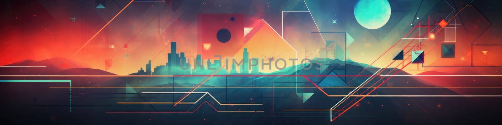 Retro geometry abstract tech background. Generative AI banner design