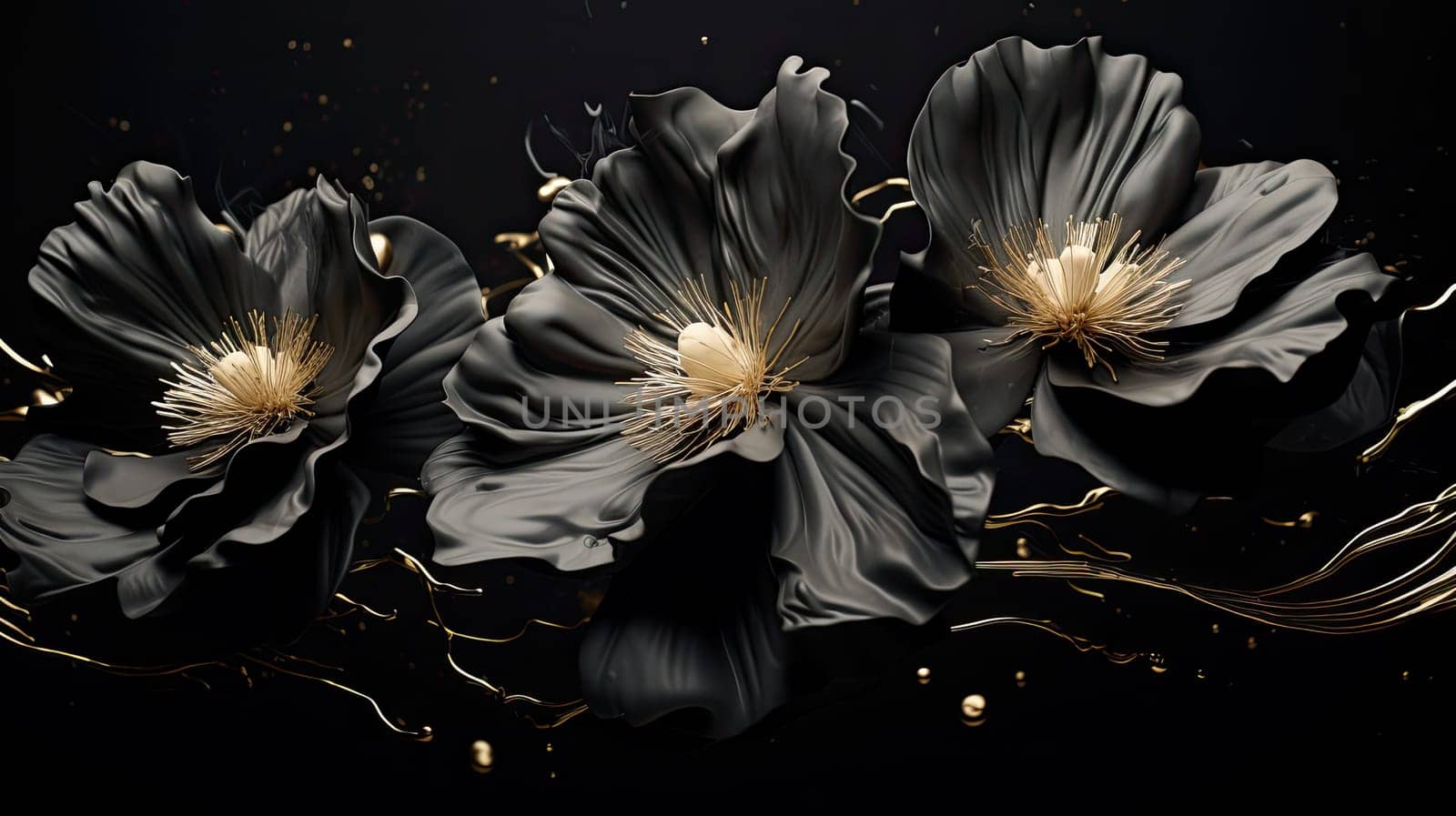 Black liquid flowers abstract minimal background. Generative AI design