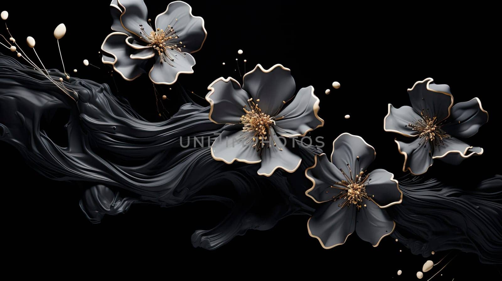Black grey waves and flowers abstract minimal background. Generative AI design