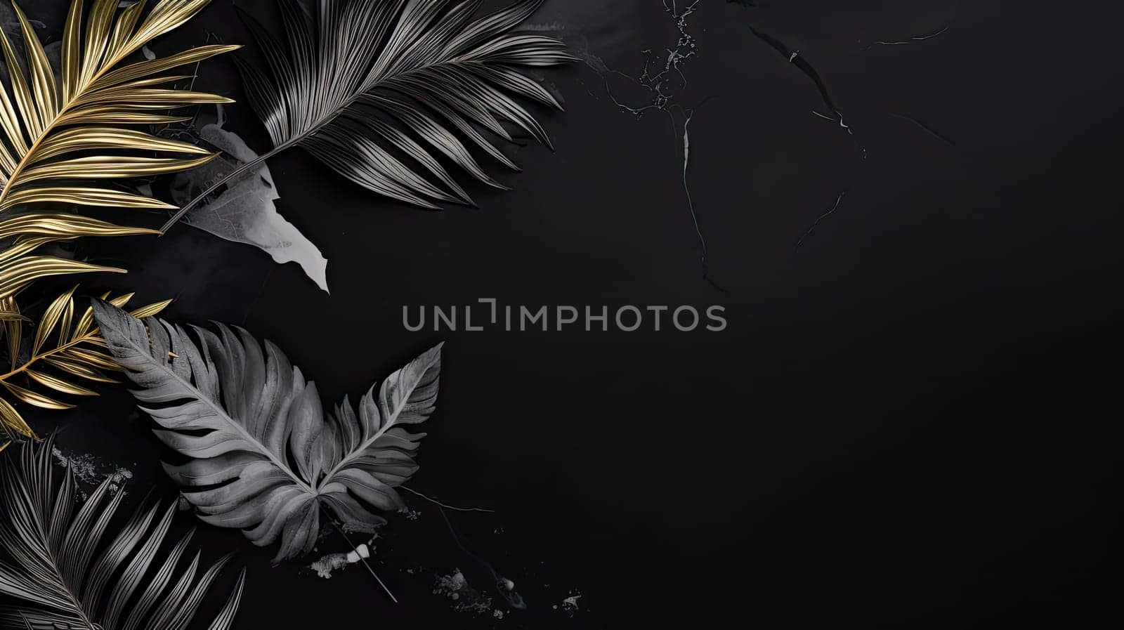 Golden and black leaves abstract background. Generative AI design