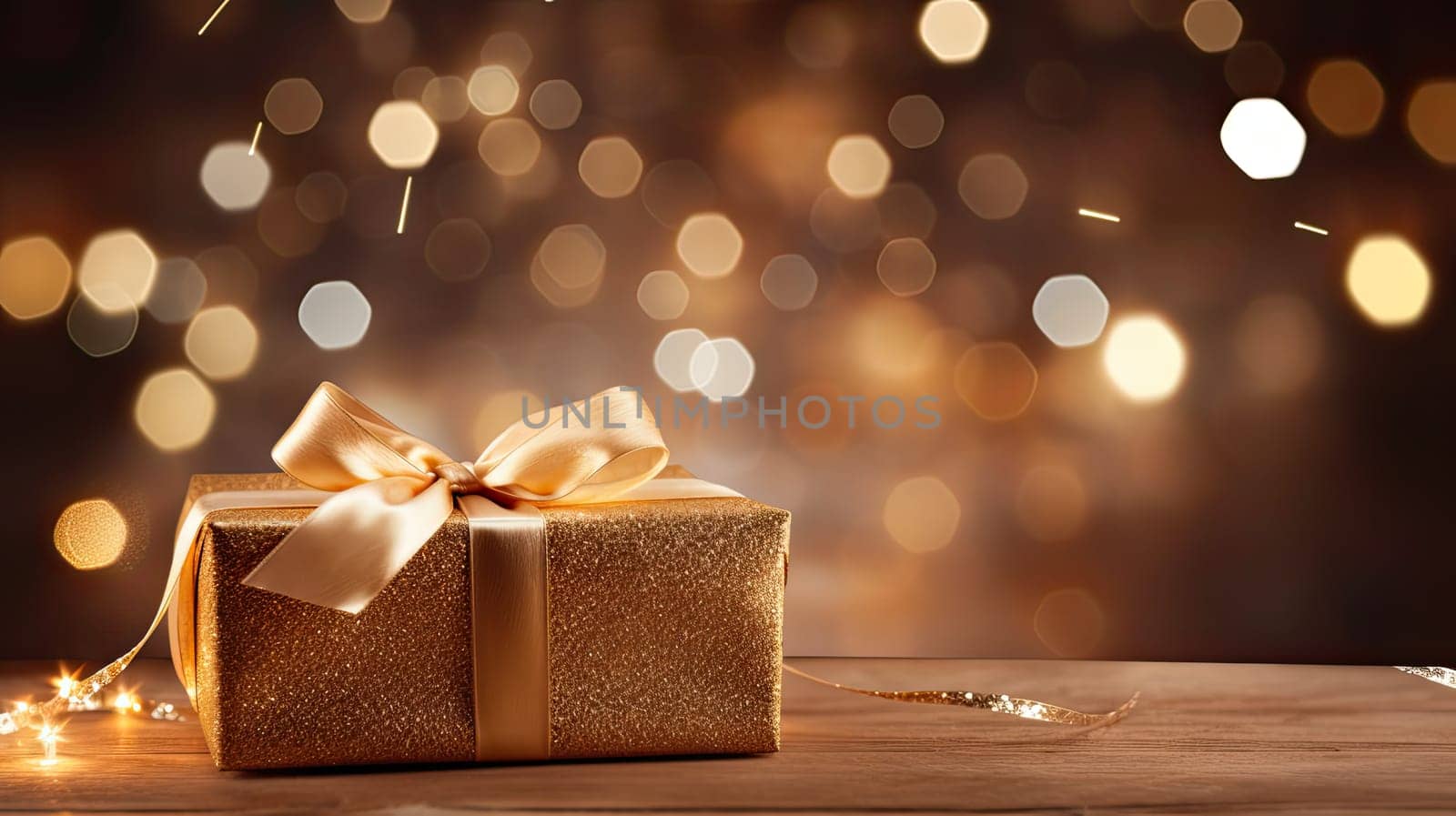 Golden gift box and garland on a blurry bokeh background. Generative AI design