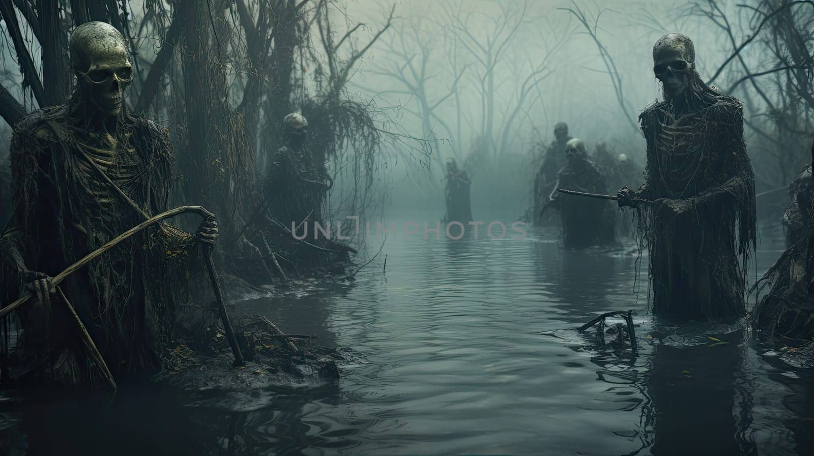 Mystical swamp in ominous fog and zombies. Fantasy background. Generative AI design