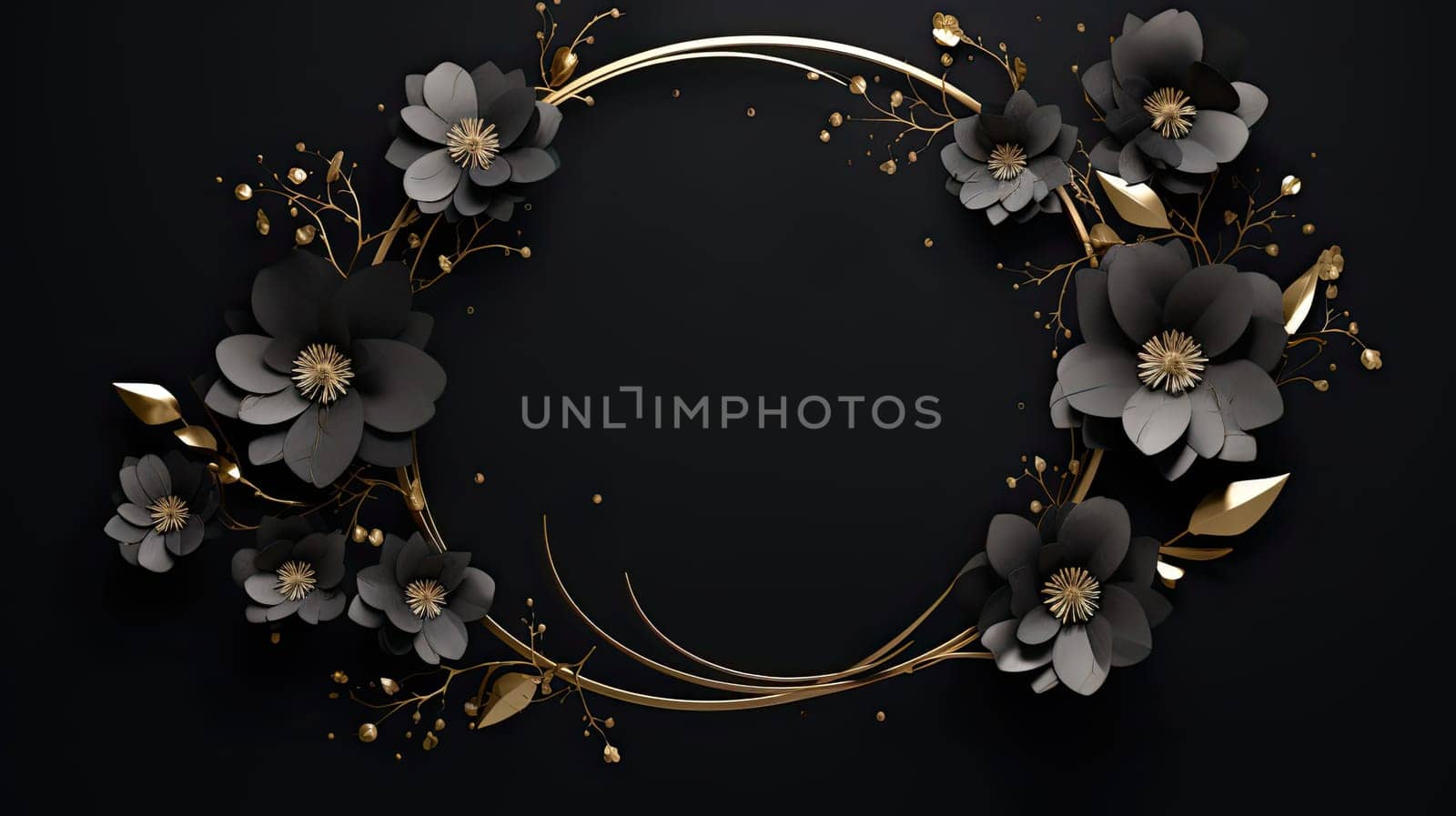 Black and golden flowers wreath abstract background. Generative AI design