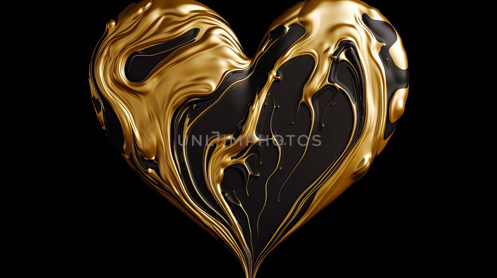 Liquid gold in the form of heart shape abstract background. Valentines Day greeting card. Generative AI design