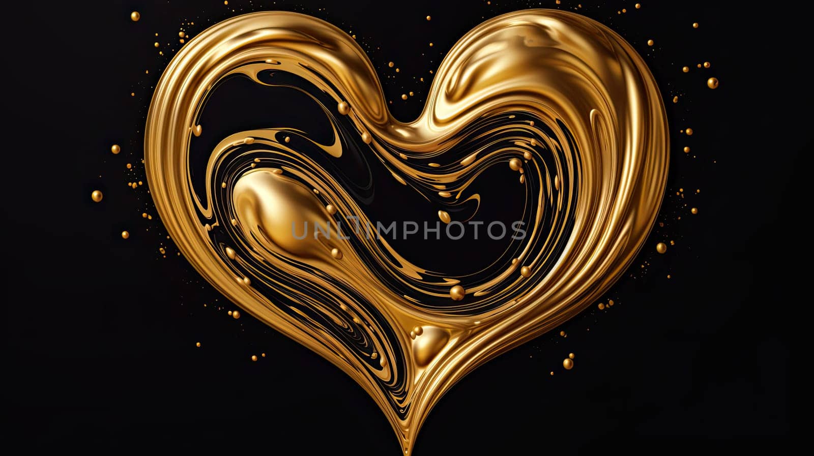 Liquid gold in the form of heart shape abstract background. Valentines Day greeting card. Generative AI design