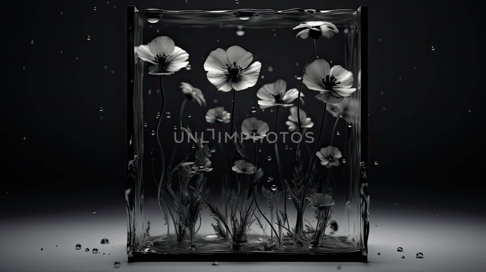Monochrome flowers in liquid cube abstract minimal background. Generative AI design
