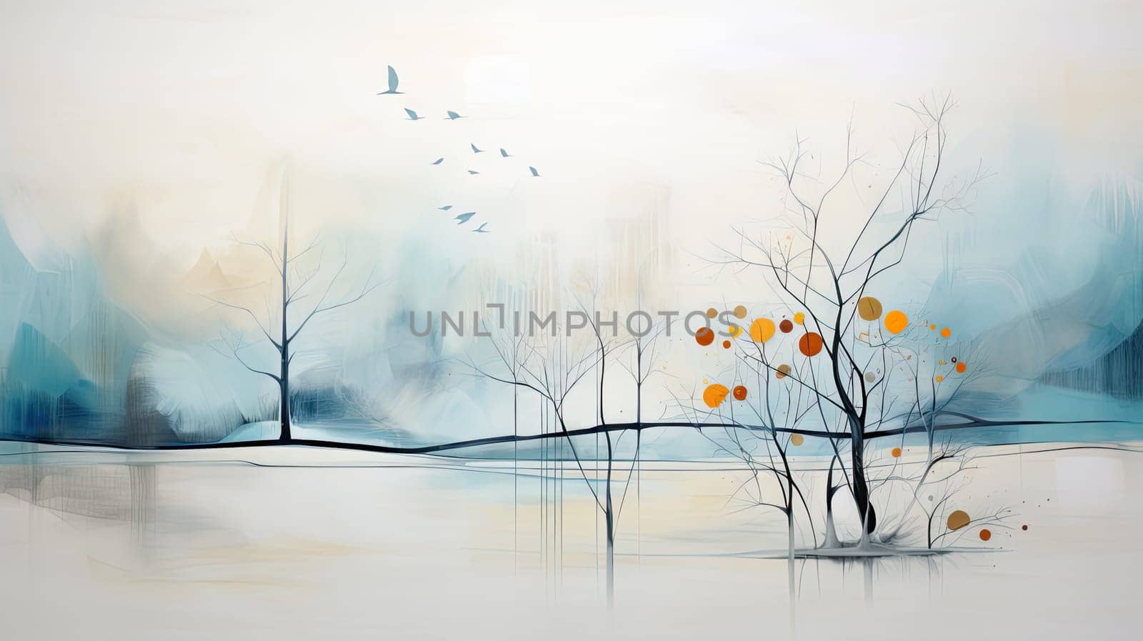 Abstract trees in winter overcast watercolor landscape. Generative AI illustration