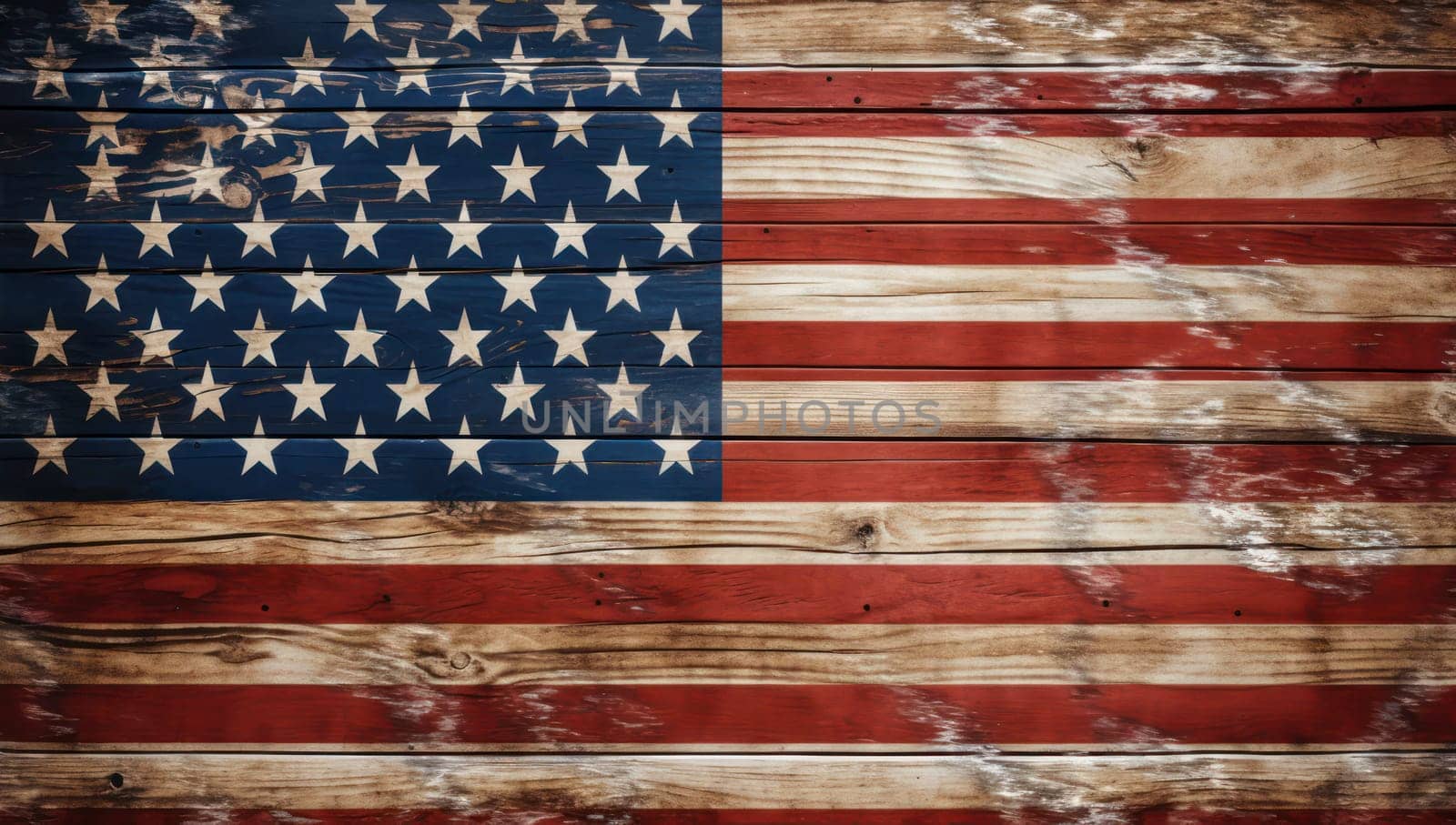 American grunge wooden flag, Independence Day background. Generative AI design