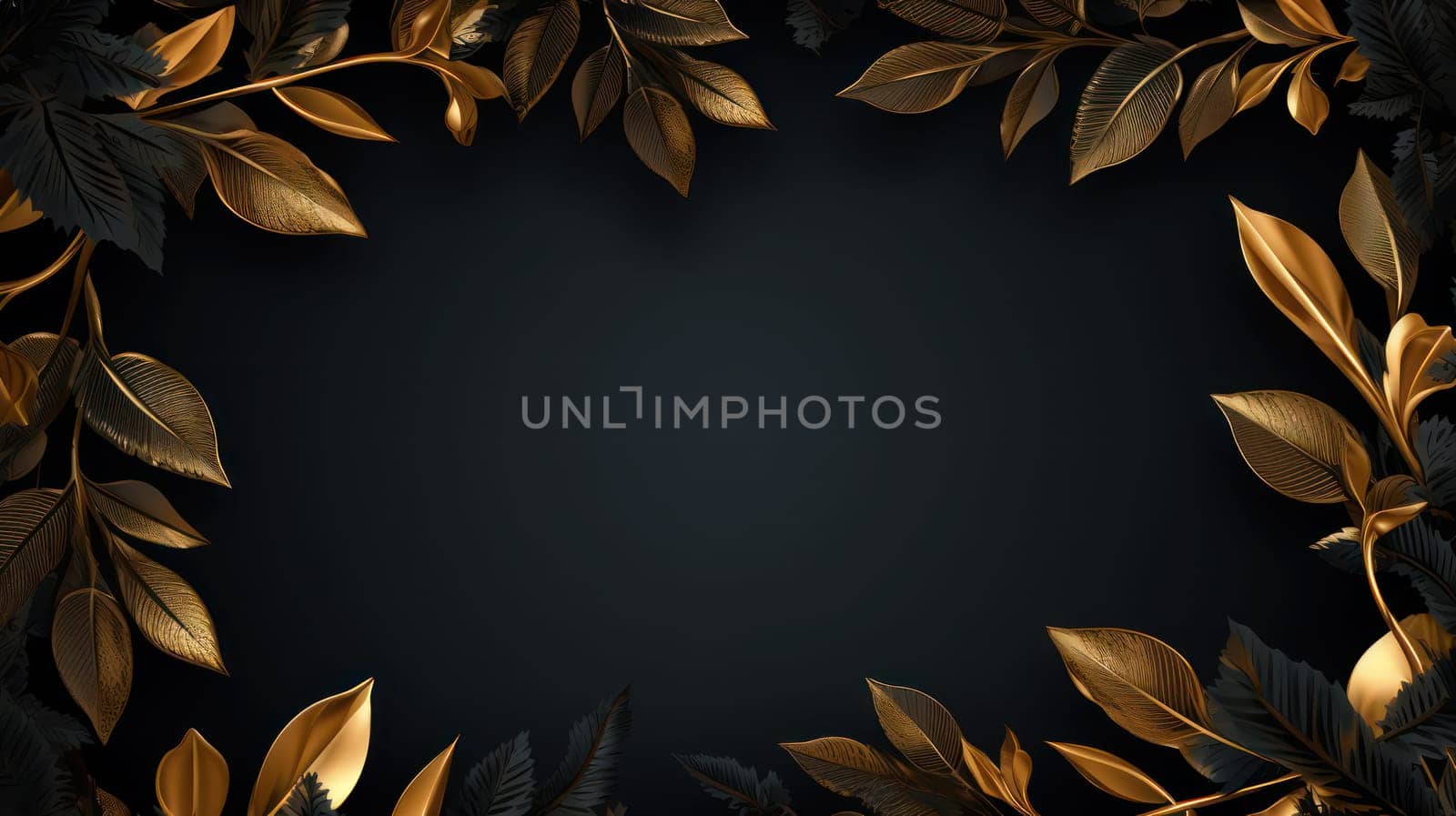 Golden leaves on black abstract background. Generative AI design