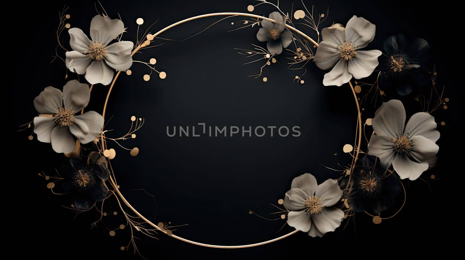 Black and golden flowers wreath abstract background. Generative AI design