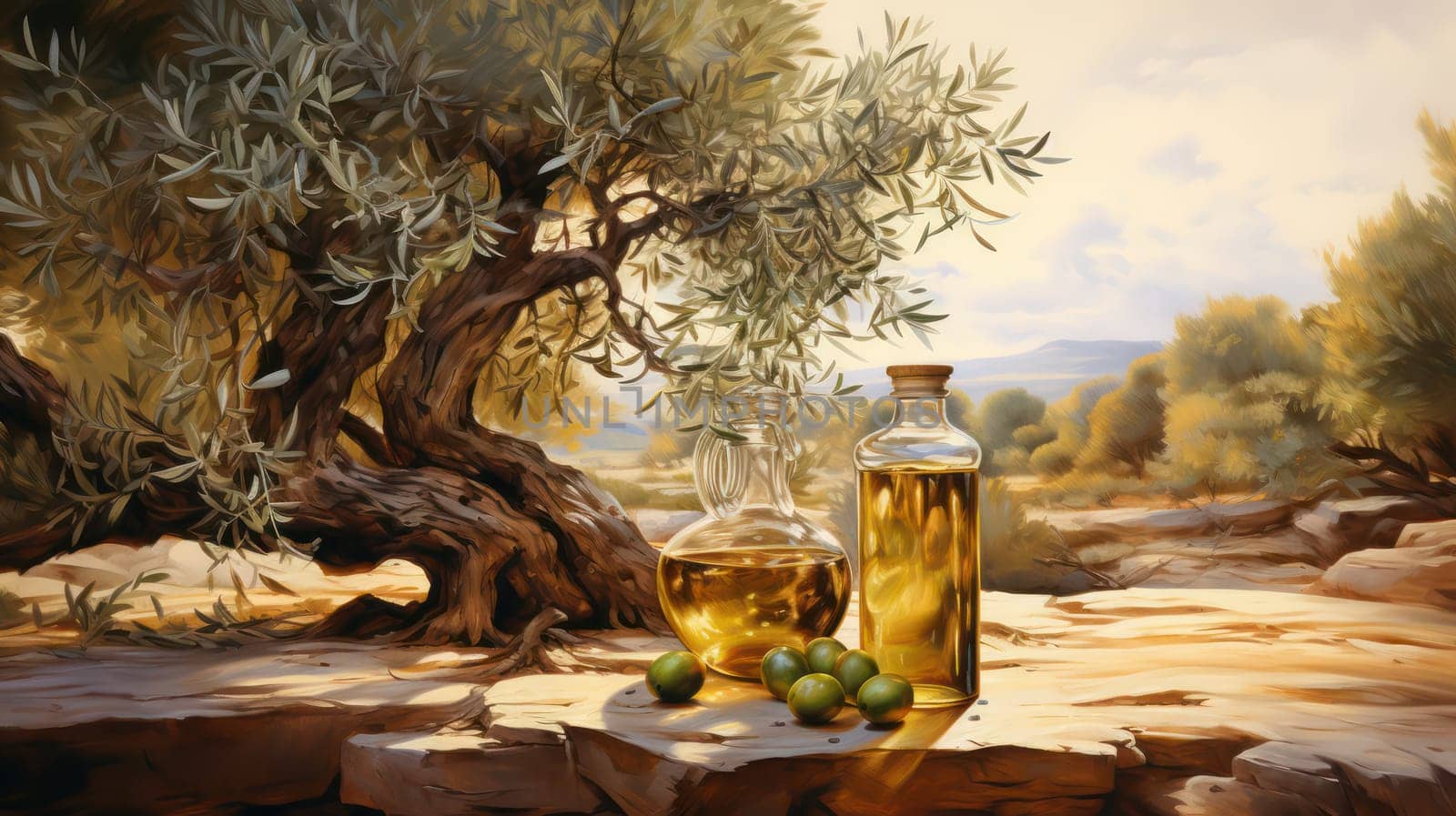 Olive oil in bottle and jug on background of olive tree. Generative AI illustration
