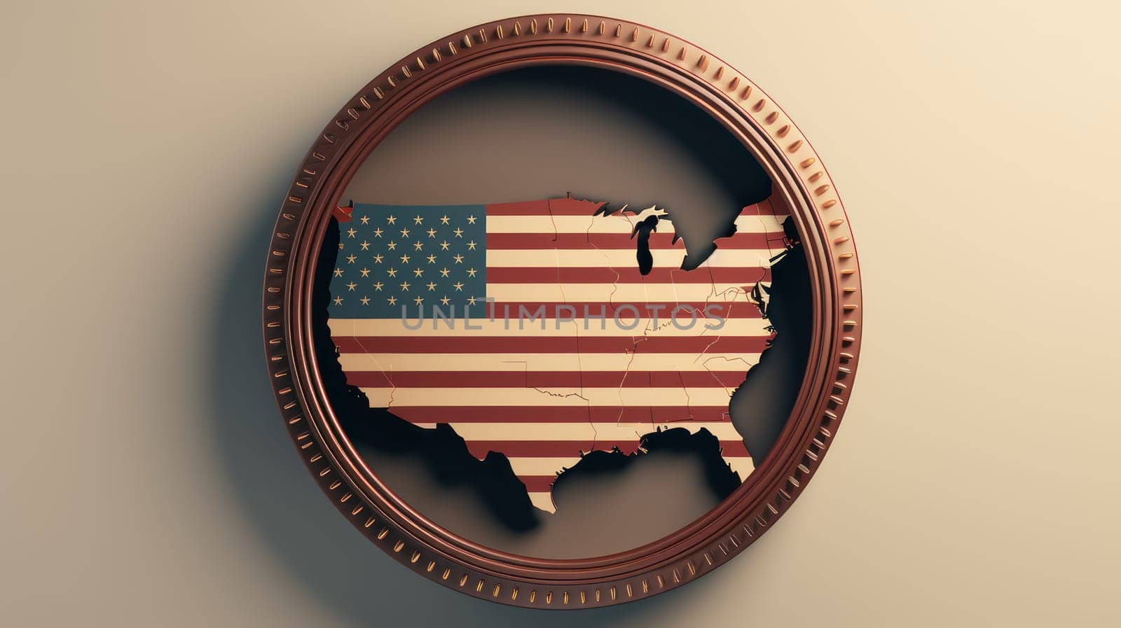 American flag on USA map in circle abstract background. Generative AI design