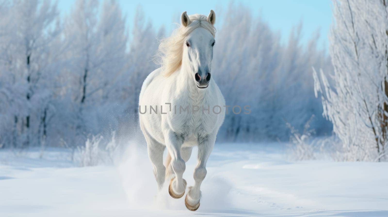 White horse running through snowdrifts in winter time.AI generated
