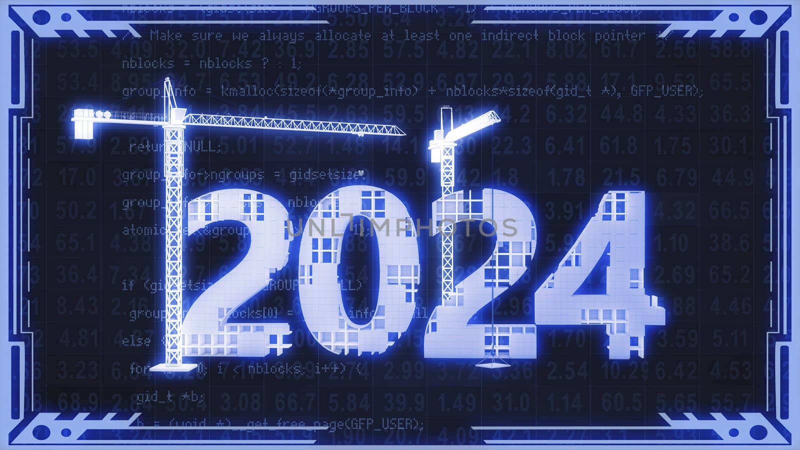 Two tower cranes building a volumetric figure of 2024 in blue tinting. 3d rendering.