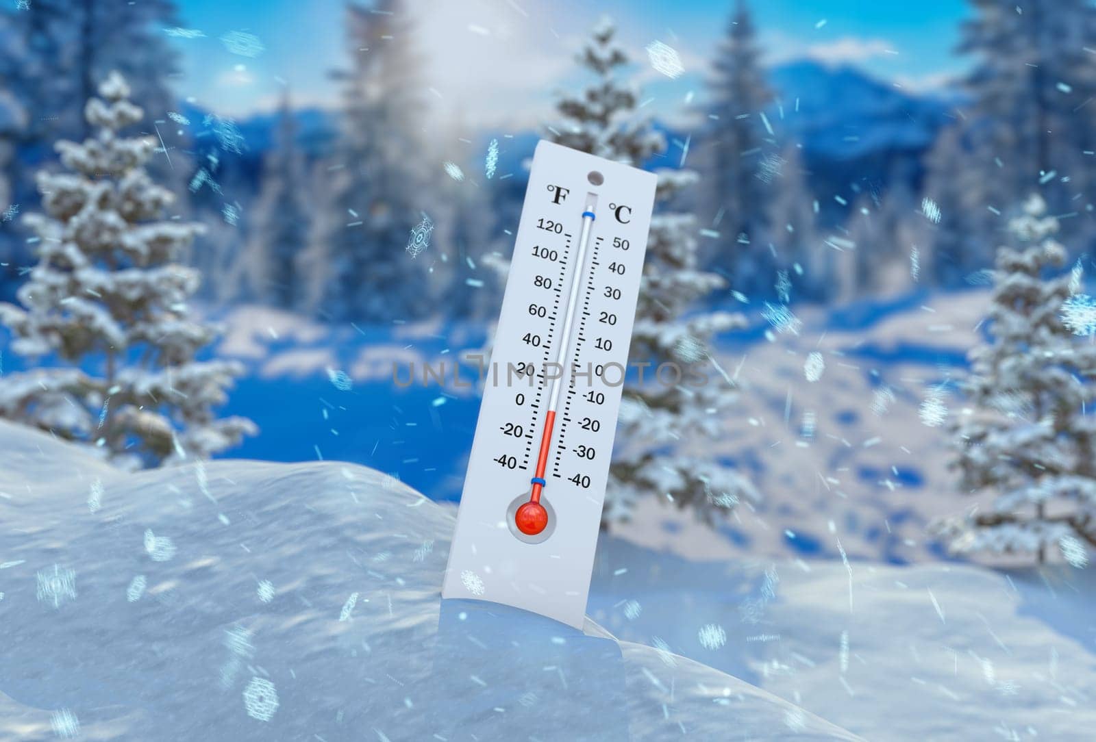 Thermometer in the snow close-up shows a decrease in temperature against the background of falling snow. Thermometer against the background of a snow-covered forest and mountains. 3D render.