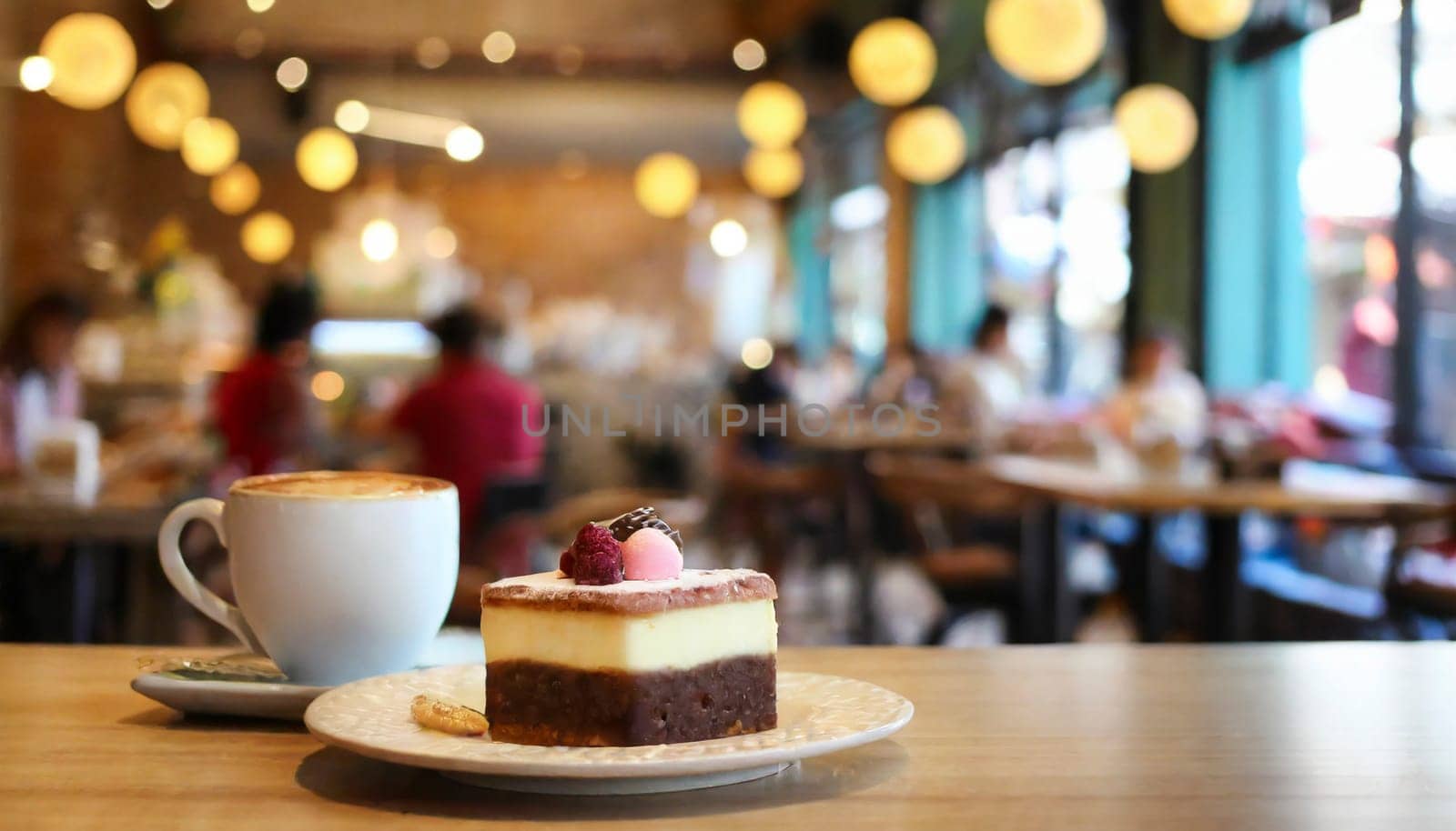 cake in a restaurant with cup of coffee and tables in background, AI generated