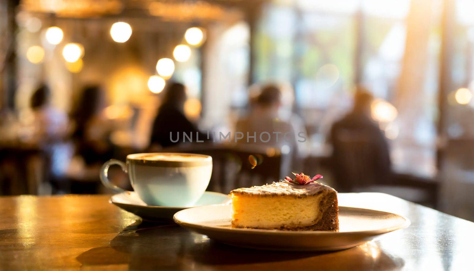 cake in a restaurant with cup of coffee and tables in background, AI generated