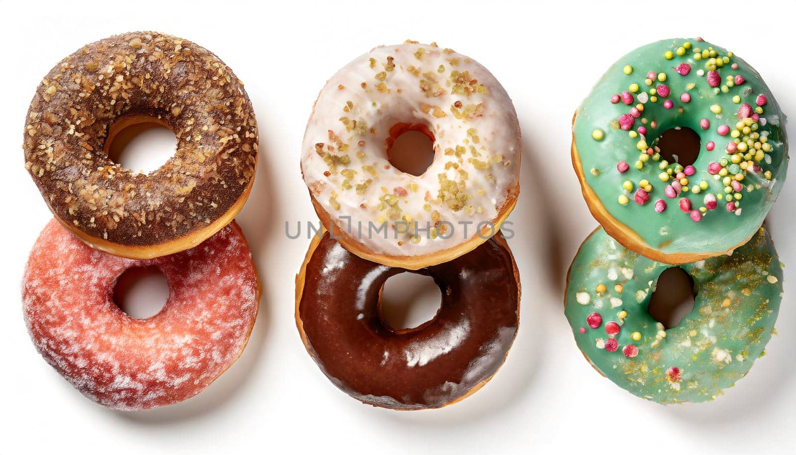 variety of donuts on a white background from above, AI generated