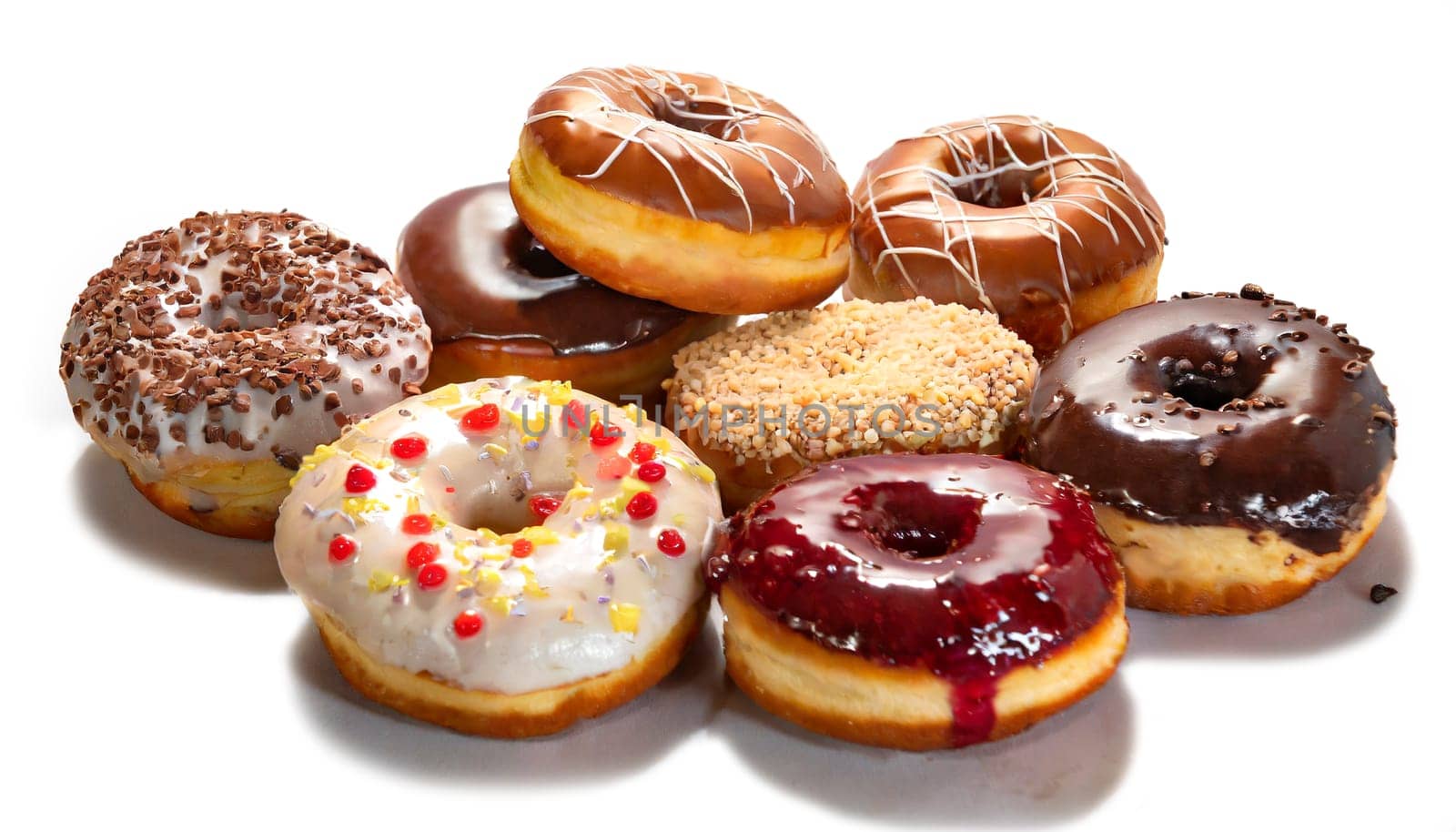 variety of donuts on a white background from above, AI generated
