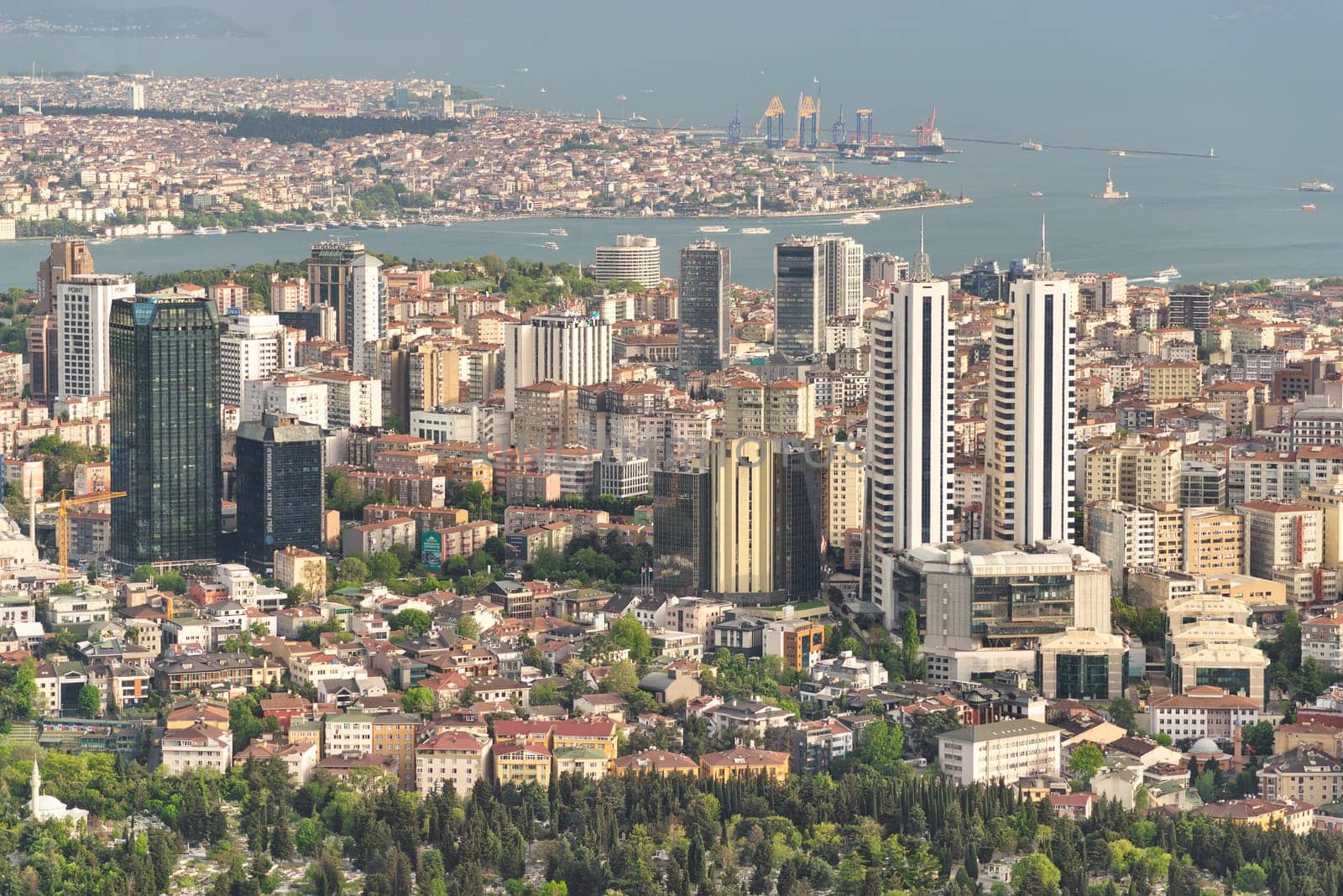 Aerial city view from Istanbul Sapphire skyscraper overlooking the Bosphorus before sunset, Istanbul, Turkey