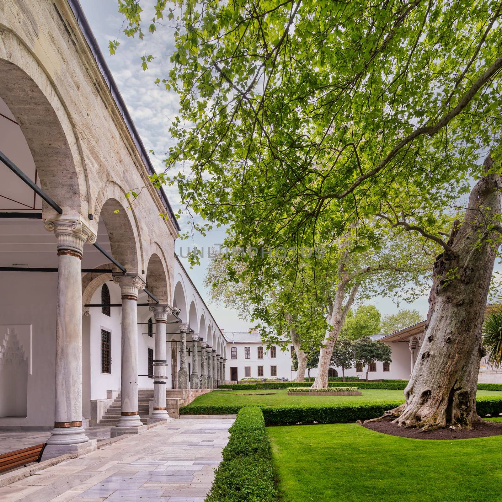 Beautiful view of the courtyard of Topkapi Palace, former residence of the Ottoman sultans in Istanbul, Turkey