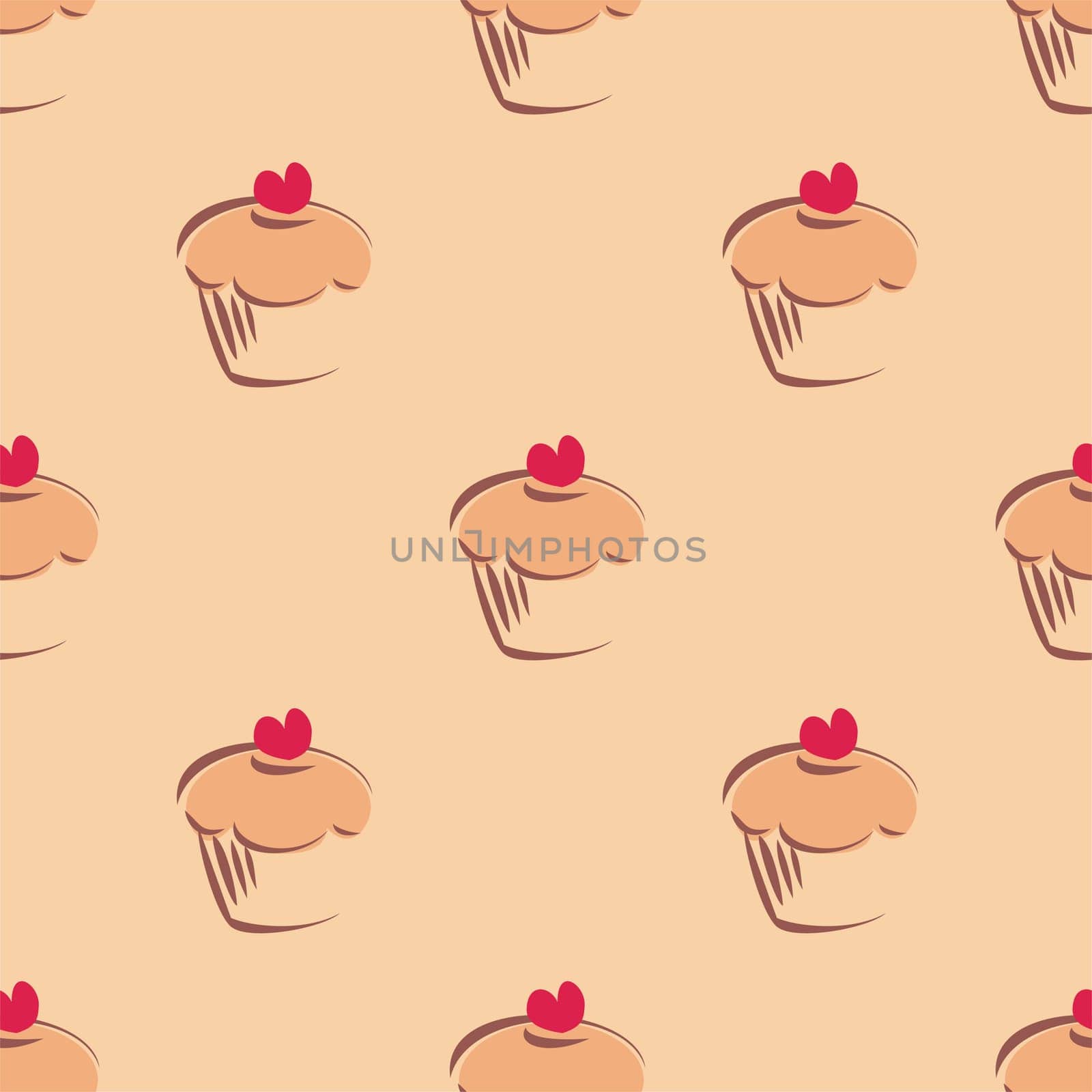 Seamless vector pattern or texture with cupcakes, muffins, sweet cake and red heart on top. Background with sweets for card, invitation, valentines, wallpaper, desktop or culinary blog website