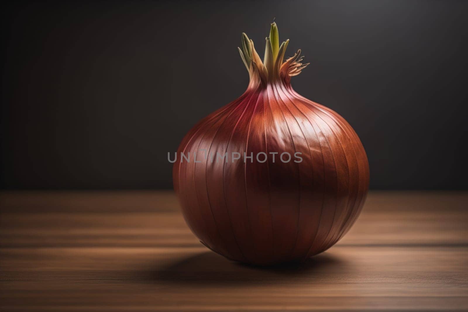 Three onions on a wooden table in front of a solid color background. ai generative