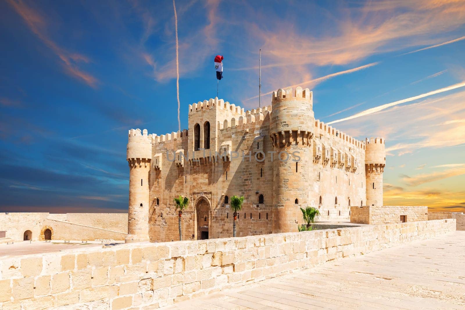 Qaitbay citadel, famous landmark of Alexandria, full sunset view, Egypt.