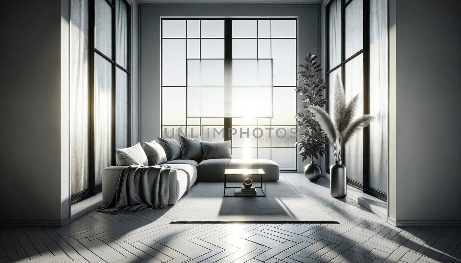 Sunlit modern lounge with dove gray. Created using AI Generated technology and image editing software.