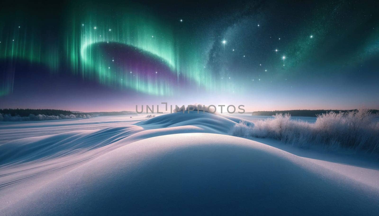 Chill dawn under emerald aurora. Created using AI Generated technology and image editing software.