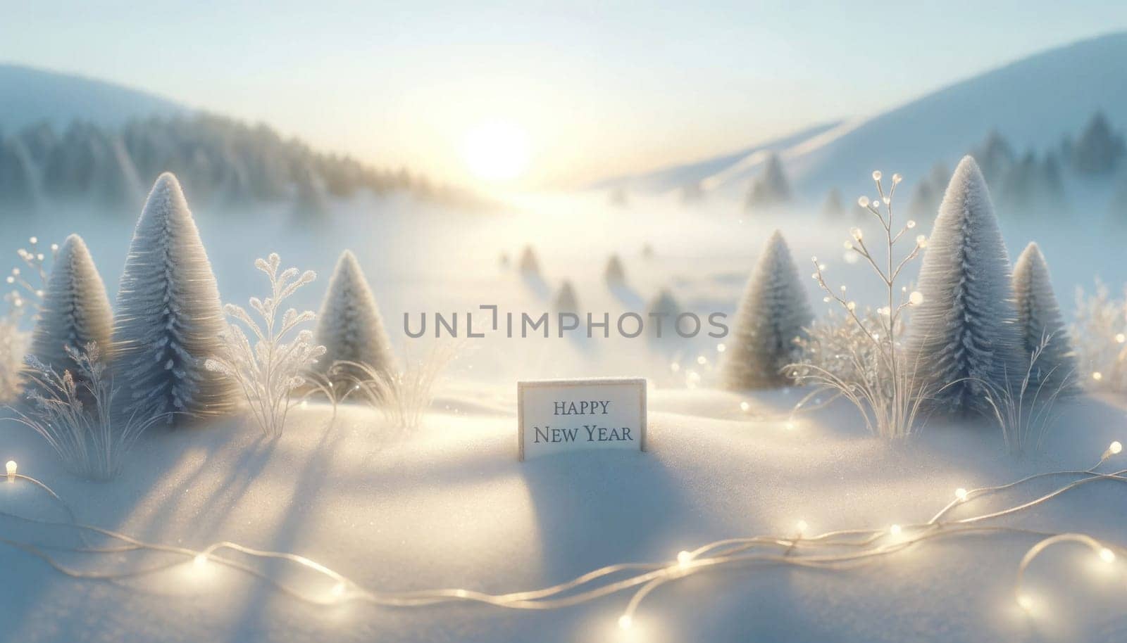 Happy New Year sign amidst snowy pine trees at sunrise. Created using AI Generated technology and image editing software.