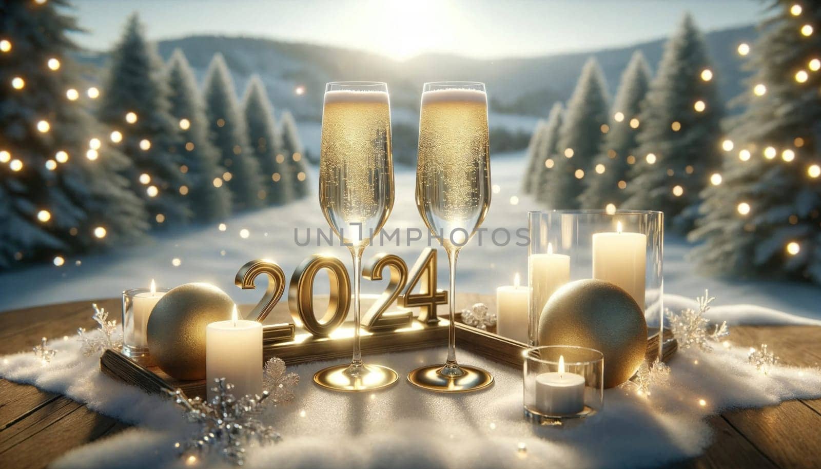 Winter champagne toast 2024. Created using AI Generated technology and image editing software.