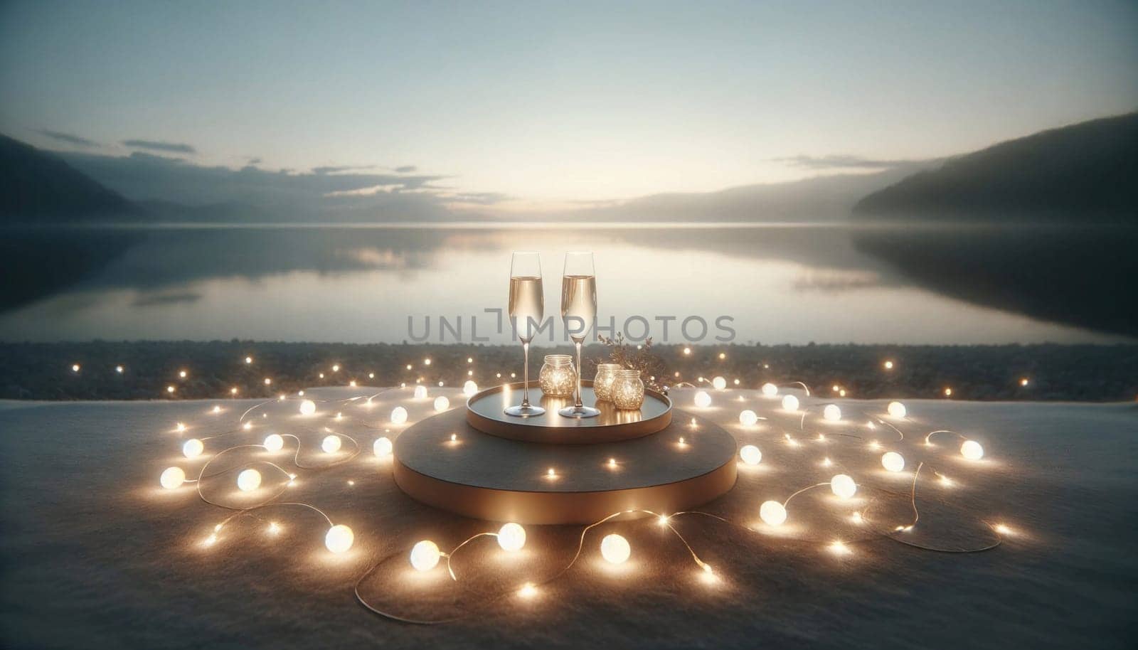 Lakeside evening glow. Created using AI Generated technology and image editing software.