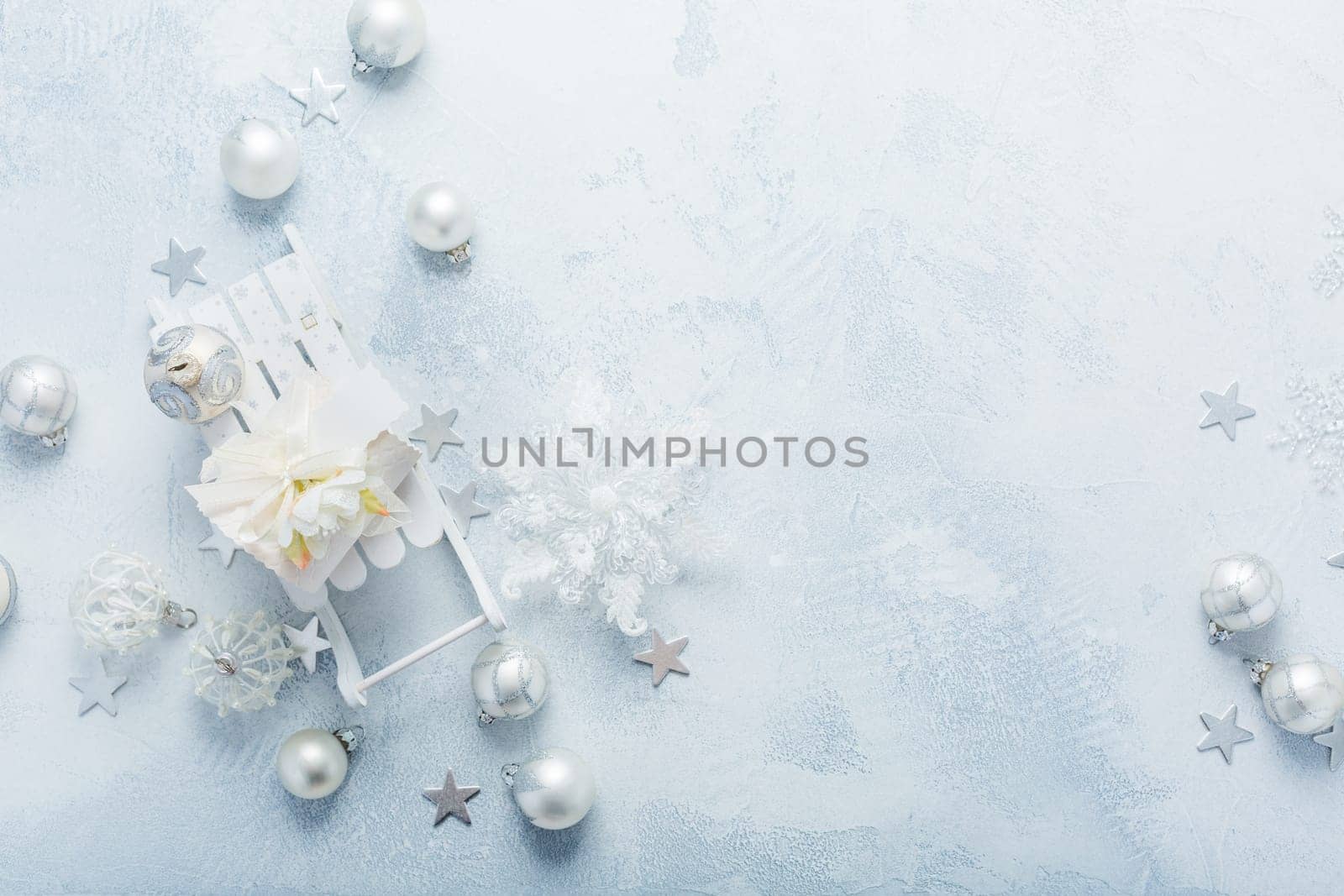 Christmas ornaments and ball in white and blue tone. Holiday Christmas background with copy space