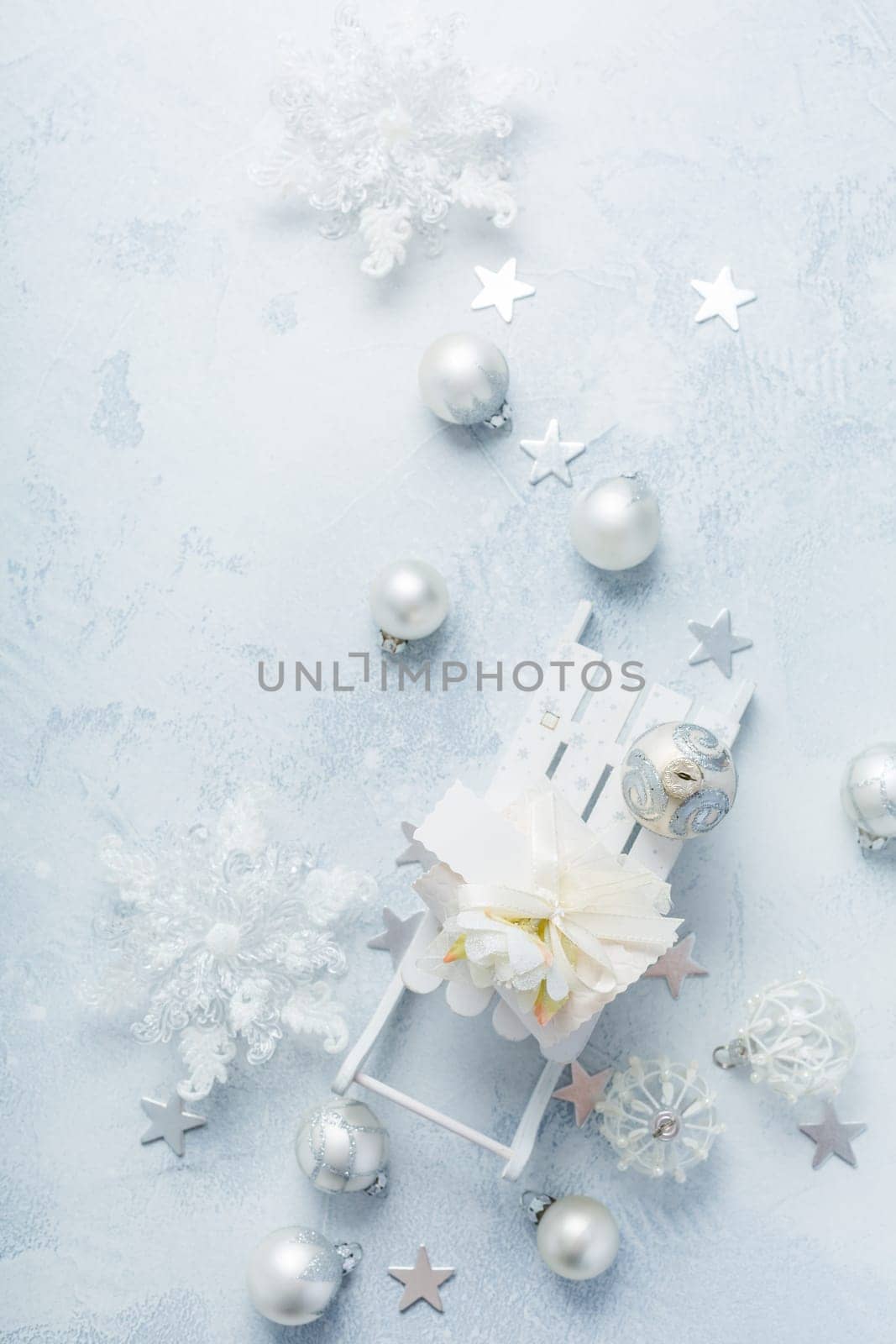 Christmas ornaments and ball in white and blue tone. Holiday Christmas background with copy space