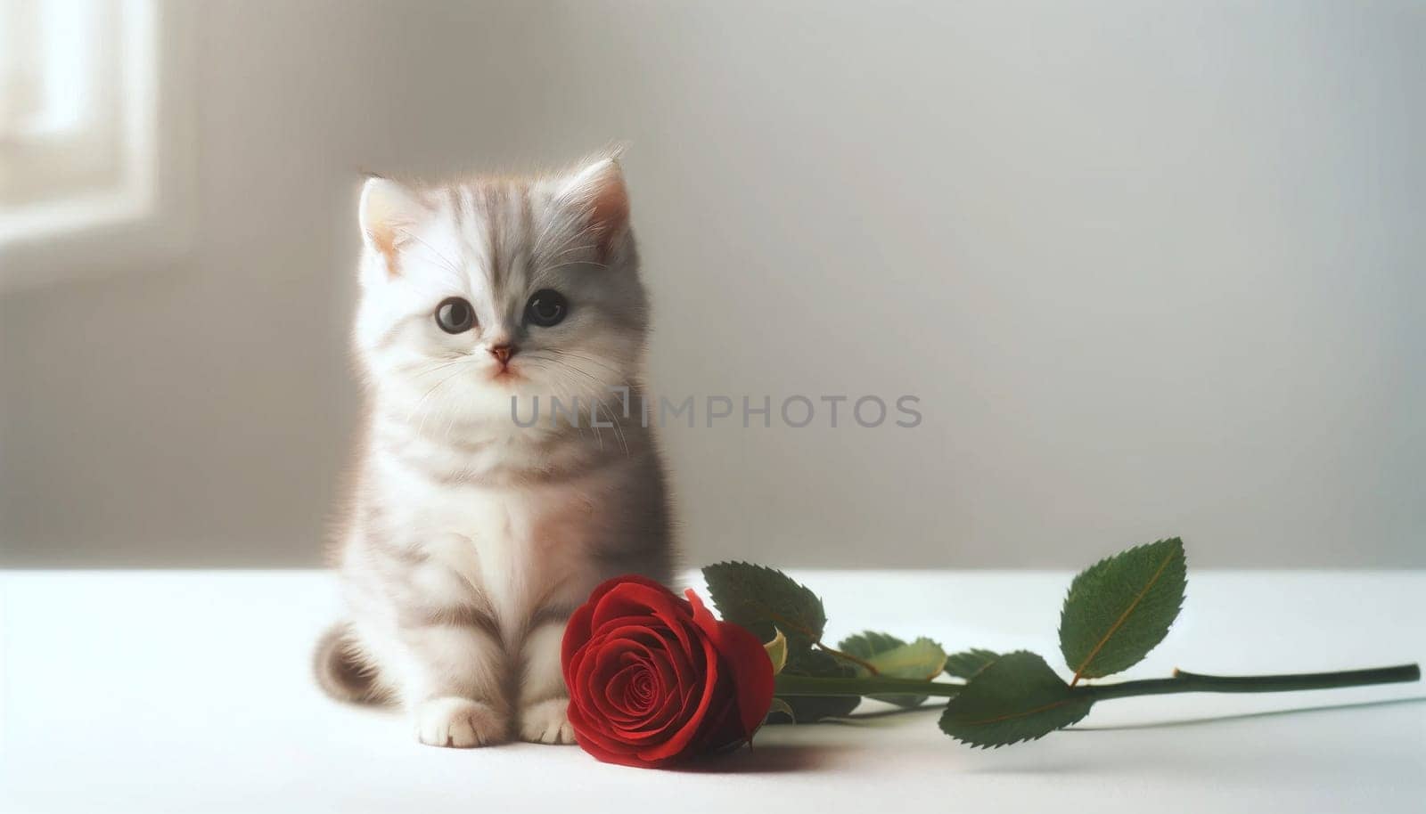 Silver tabby kitten with crimson rose. Created using AI Generated technology and image editing software.